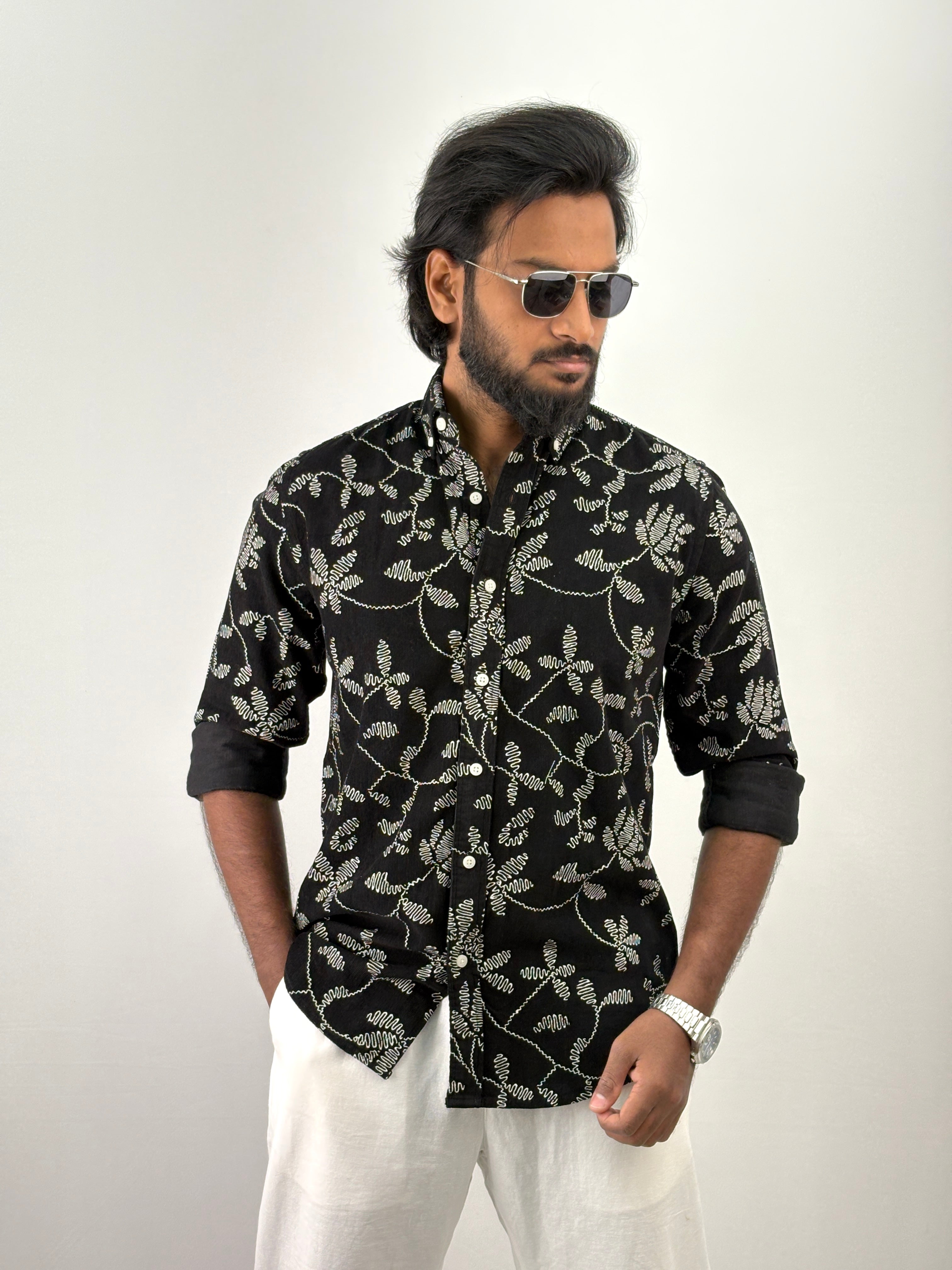 Black Corduroy Printed Shirt