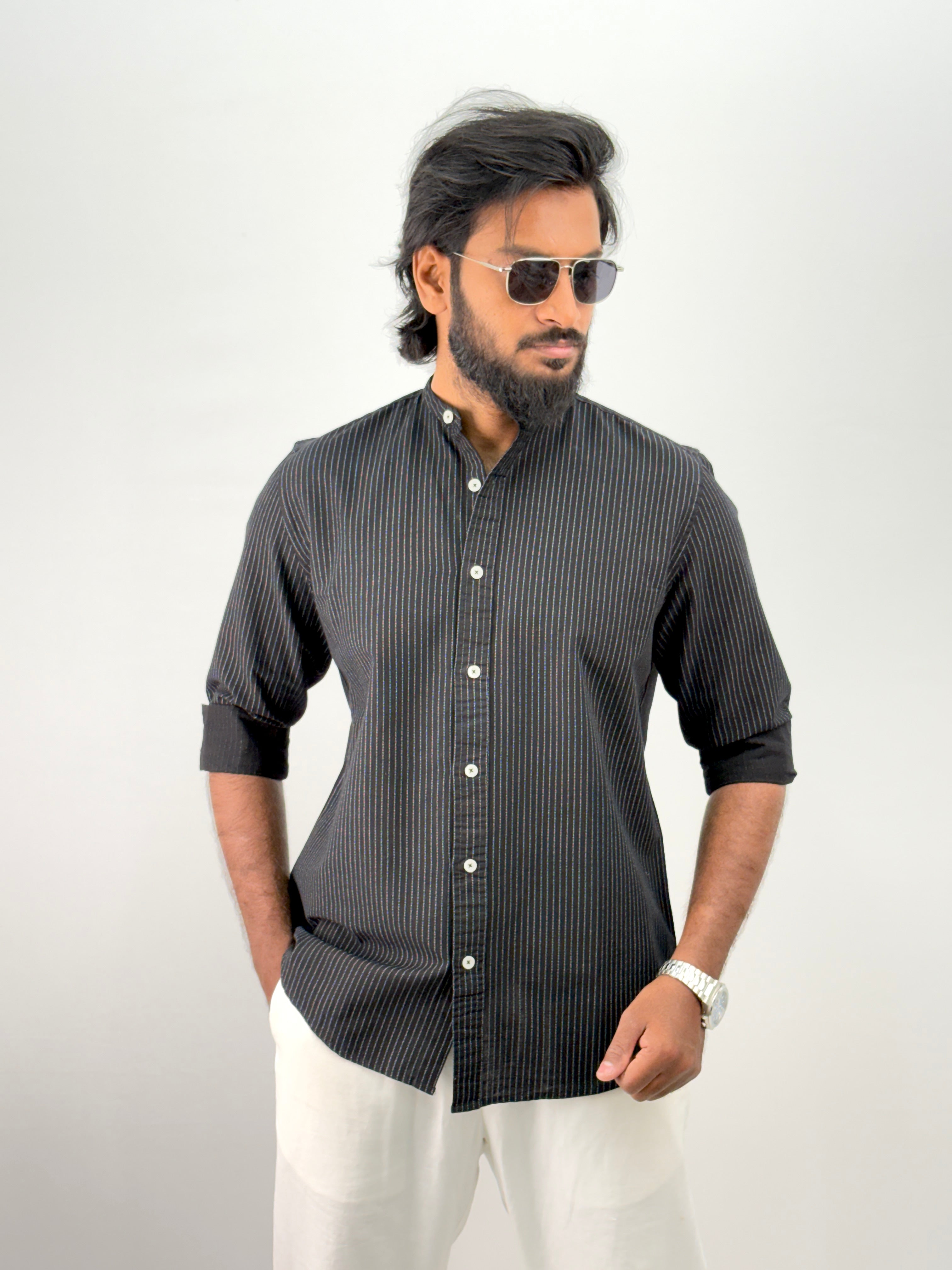 Black Mandarin Stripe Shirt