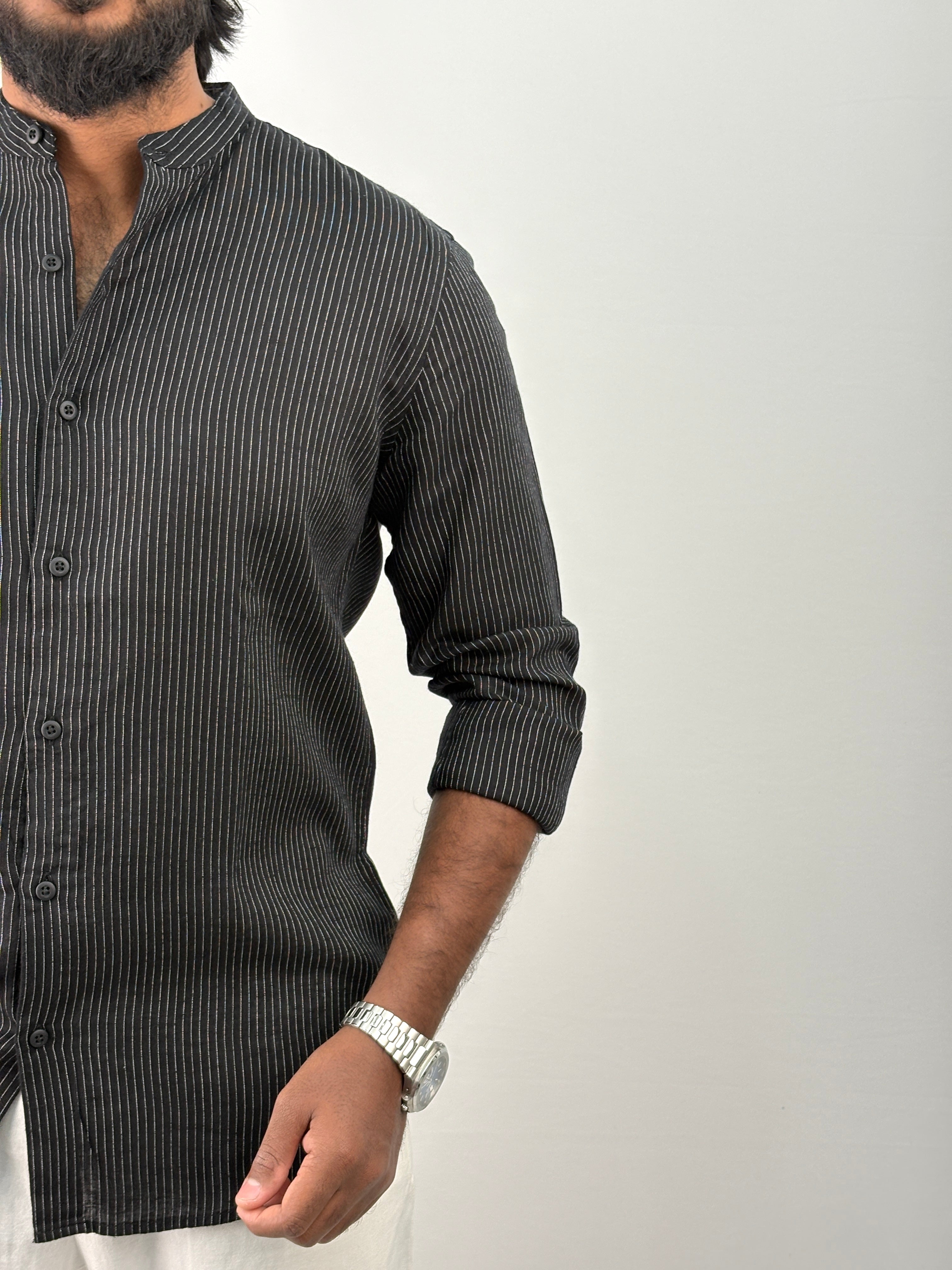 Black Mandarin Linen Stripe Shirt