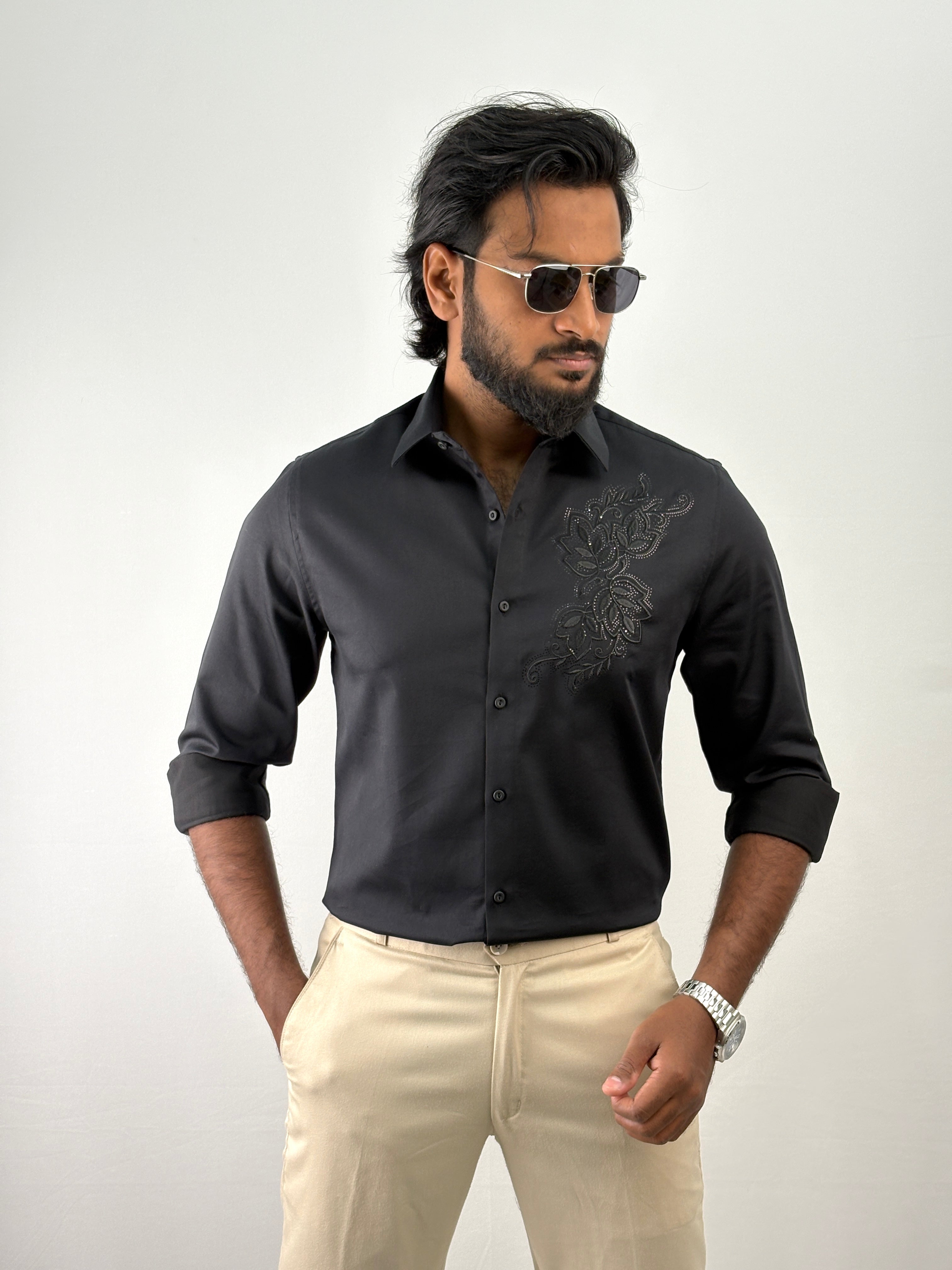 Black Designer Embroidery Stone Work Shirt 1