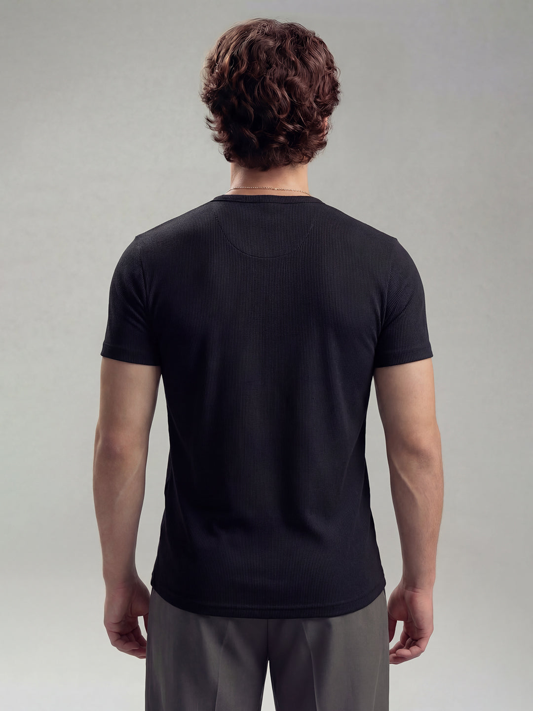 Black Ribbed Henley Short Sleeves T-Shirt