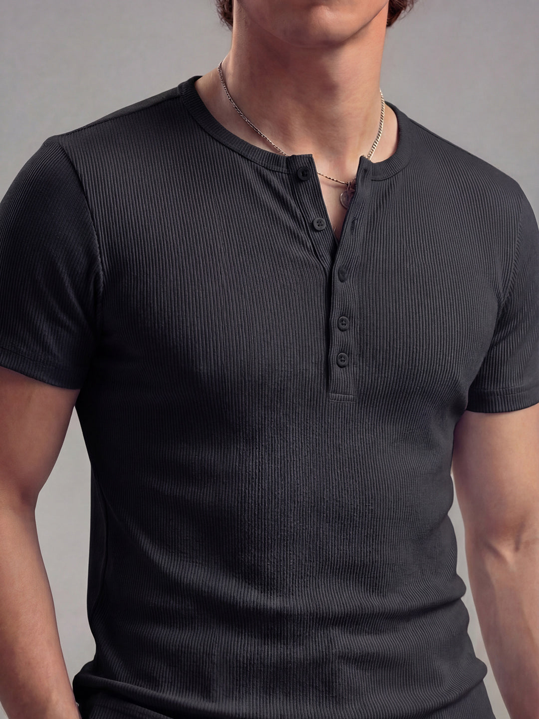 Black Ribbed Henley Short Sleeves T-Shirt