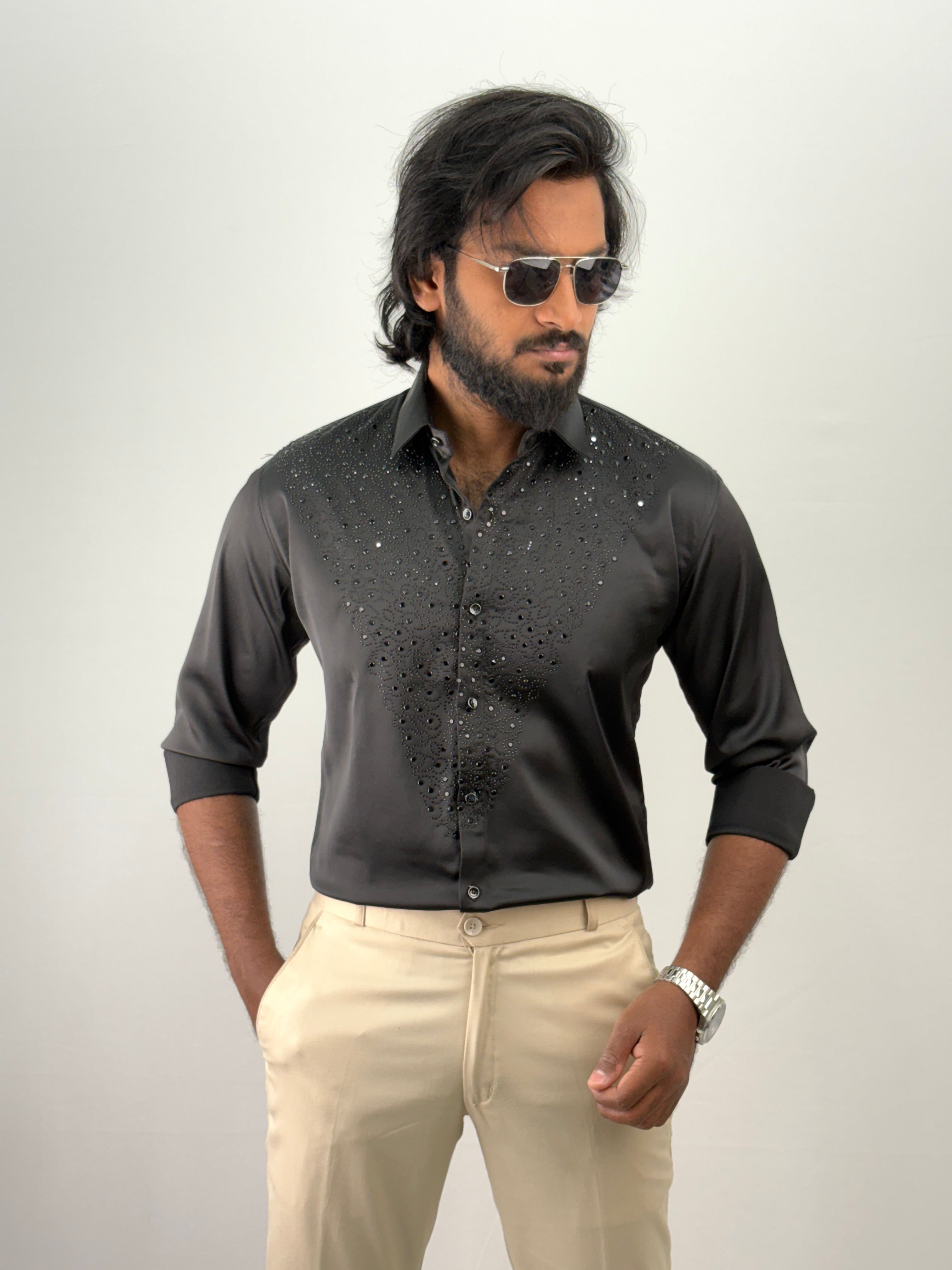 Black Designer Stone Work Shirt 9