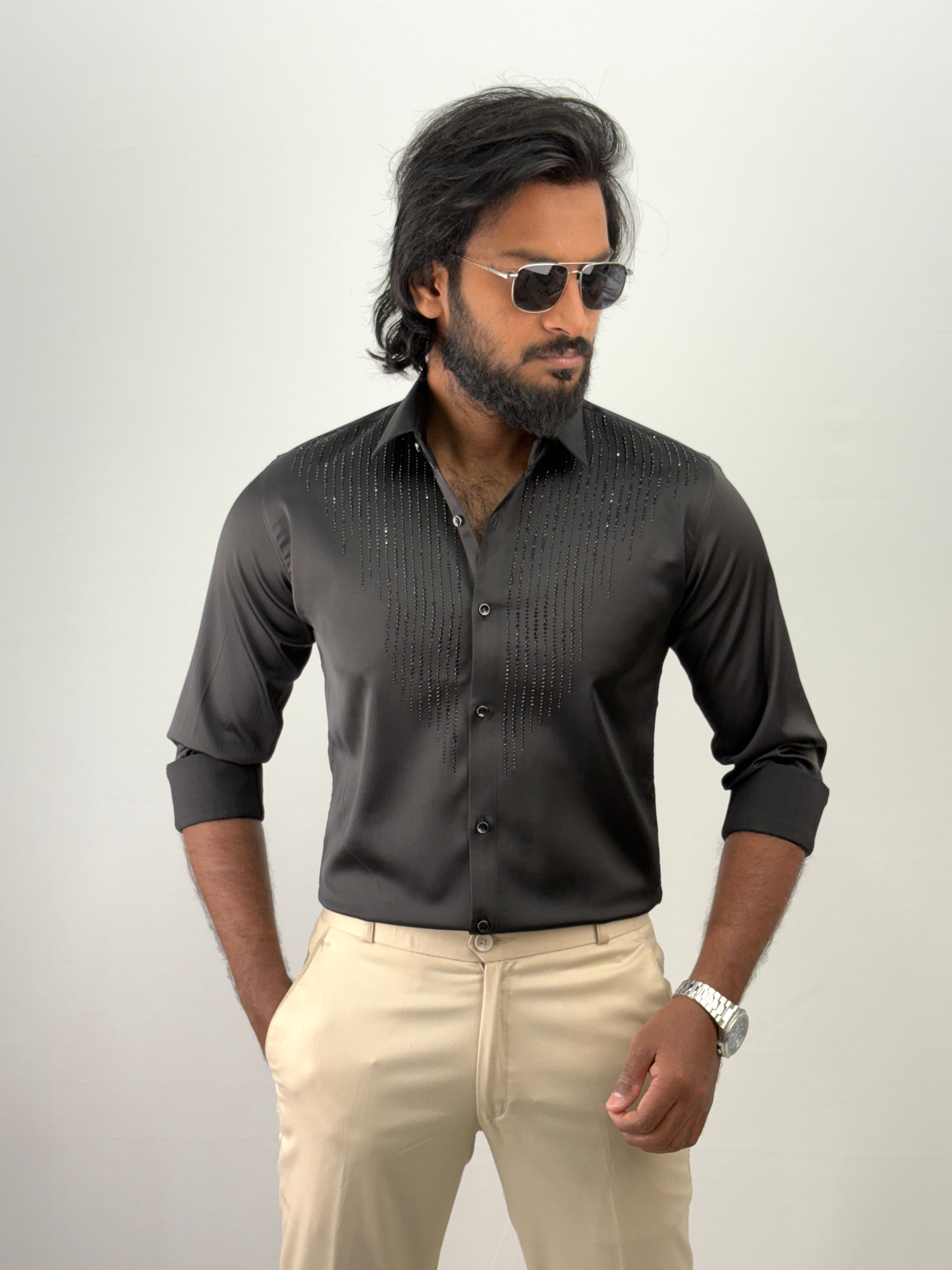 Black Designer Stone Work Shirt 10