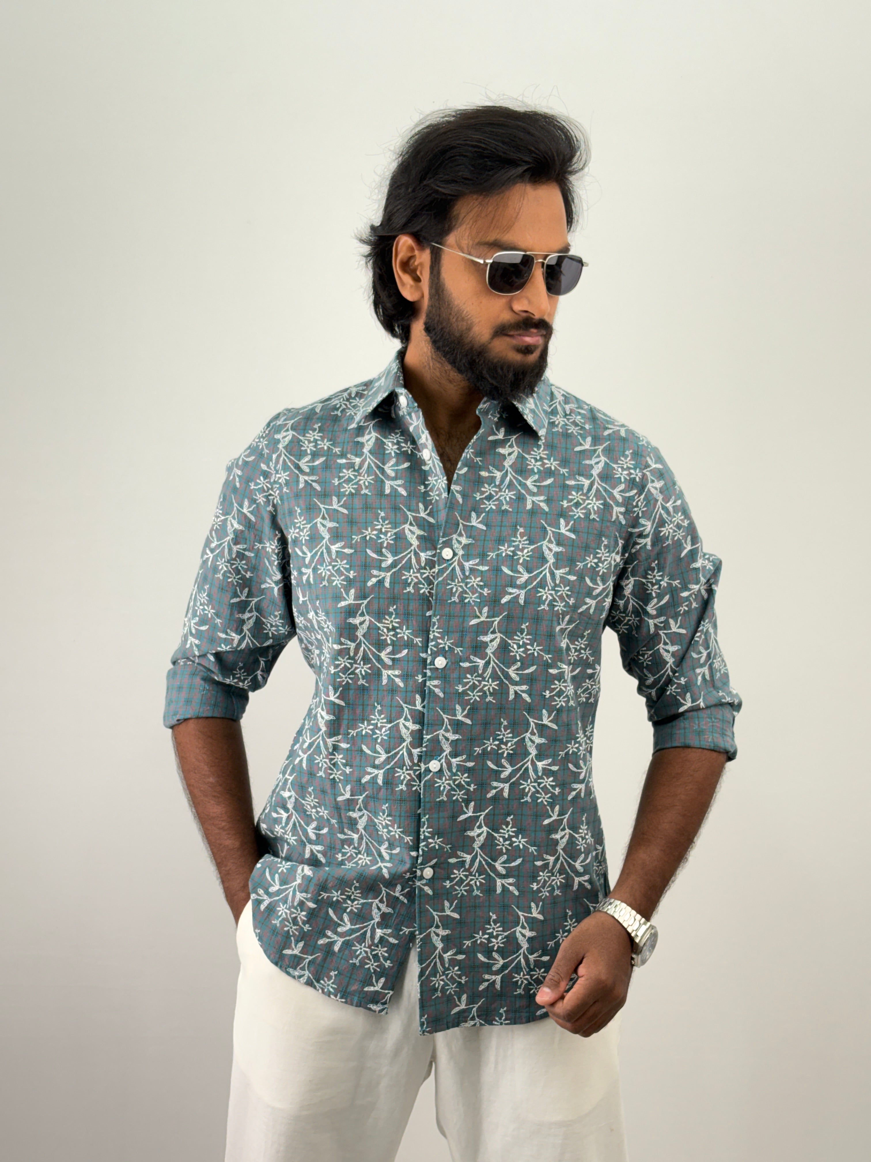 Blue Linen Printed Shirt
