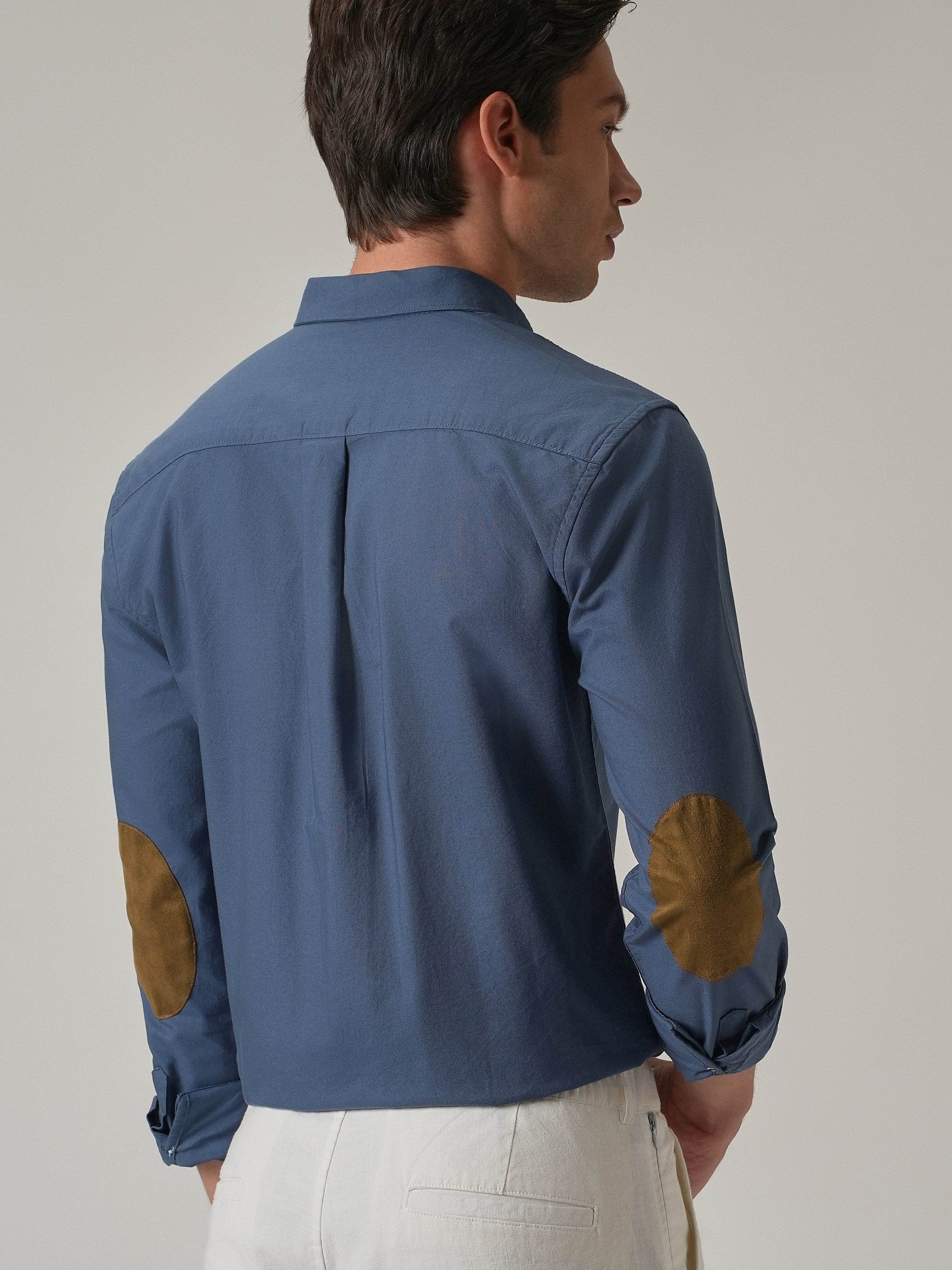 Blue Plain Elbow Patch Shirt