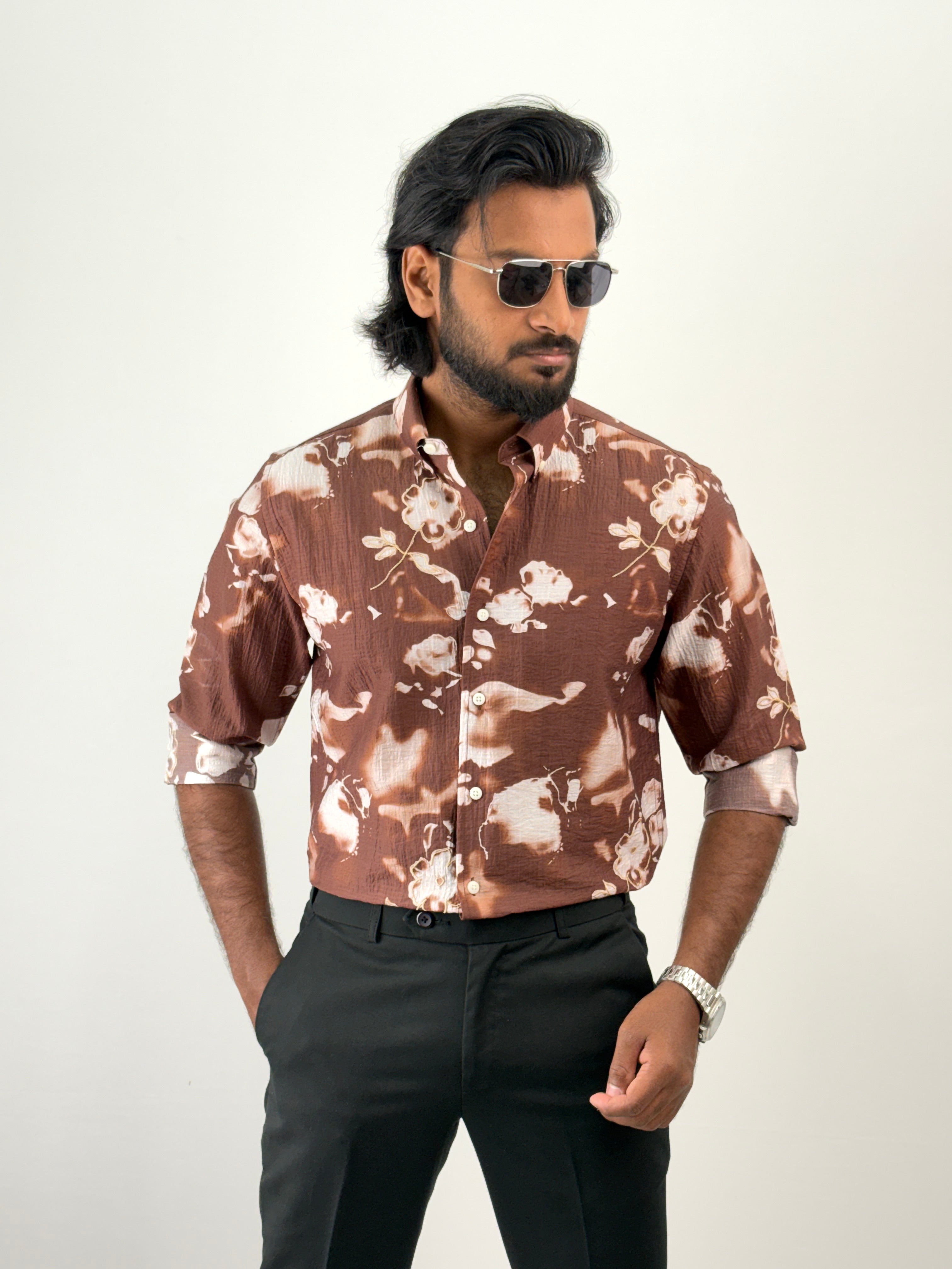 Brown Printed Embroidery Shirt