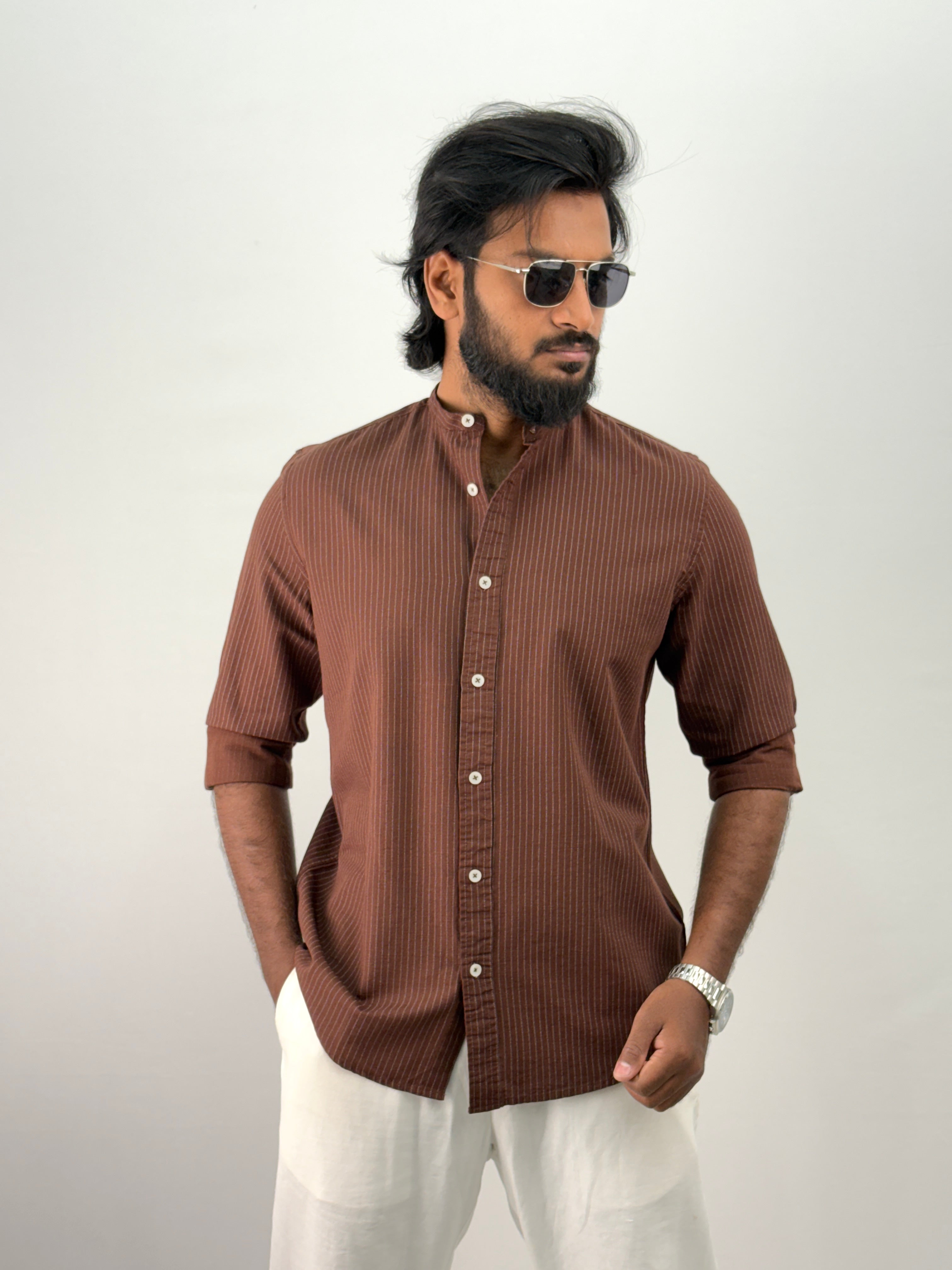 Brown Mandarin Stripe Shirt