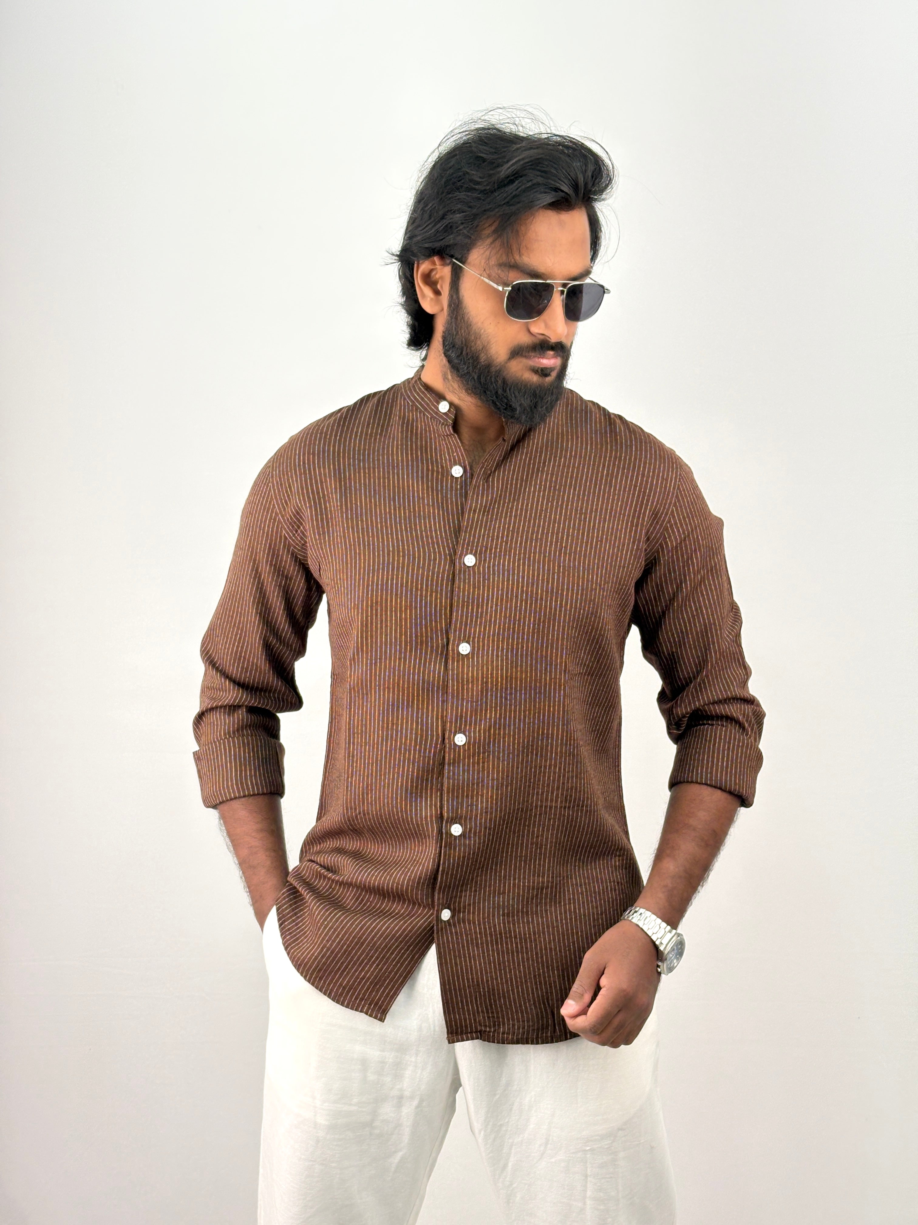 Brown Mandarin Linen Stripe Shirt