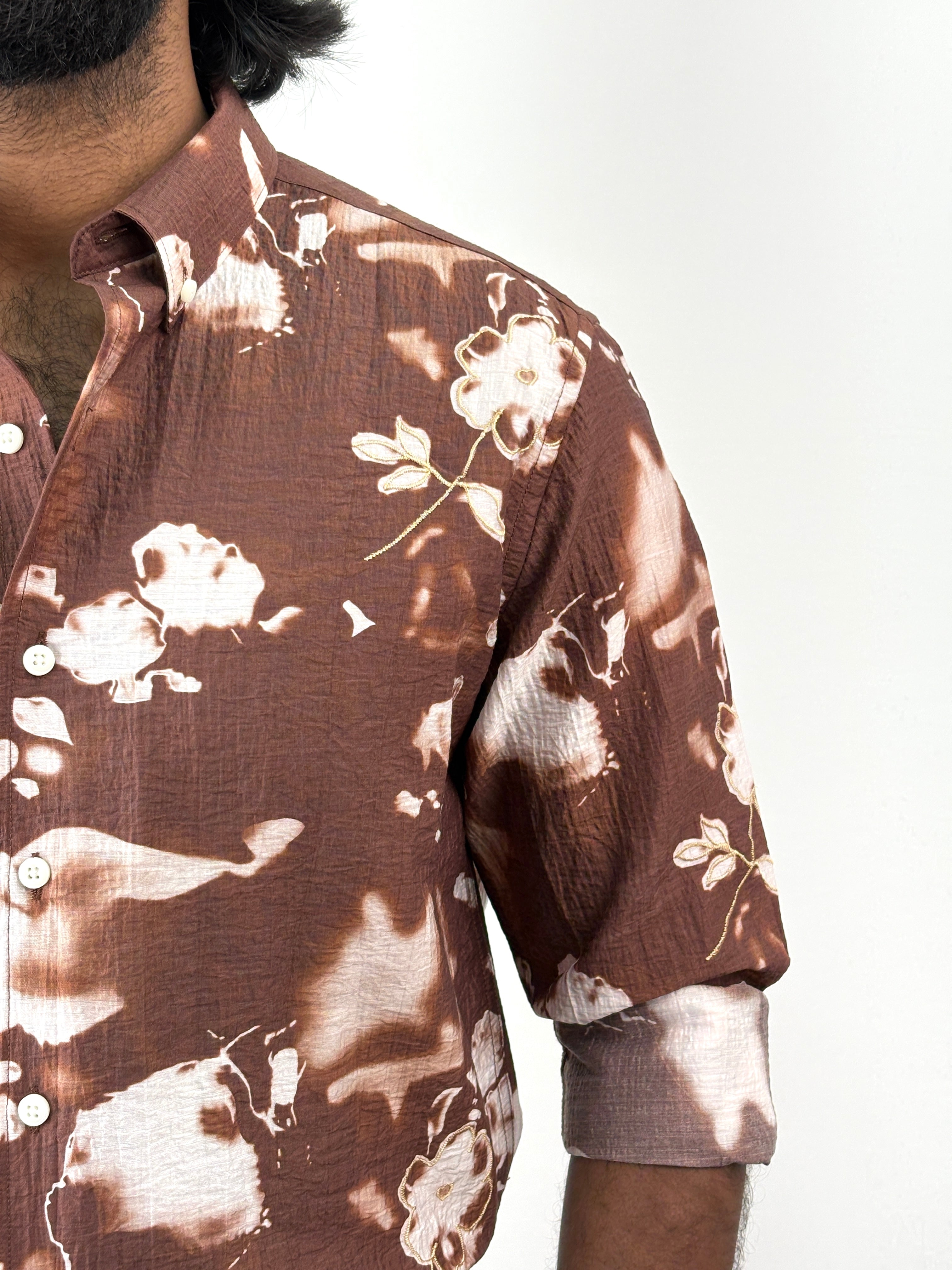 Brown Printed Embroidery Shirt