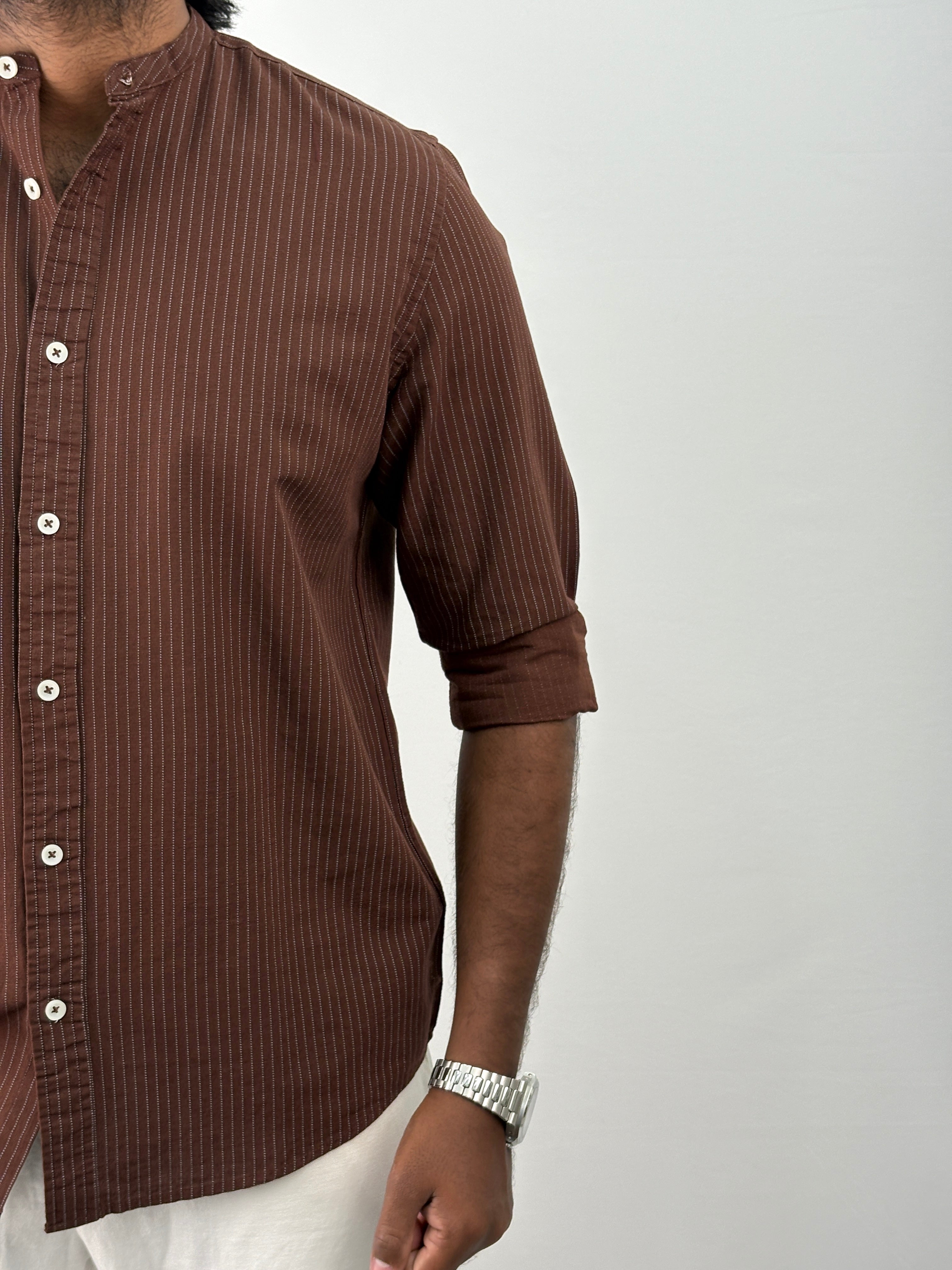 Brown Mandarin Stripe Shirt