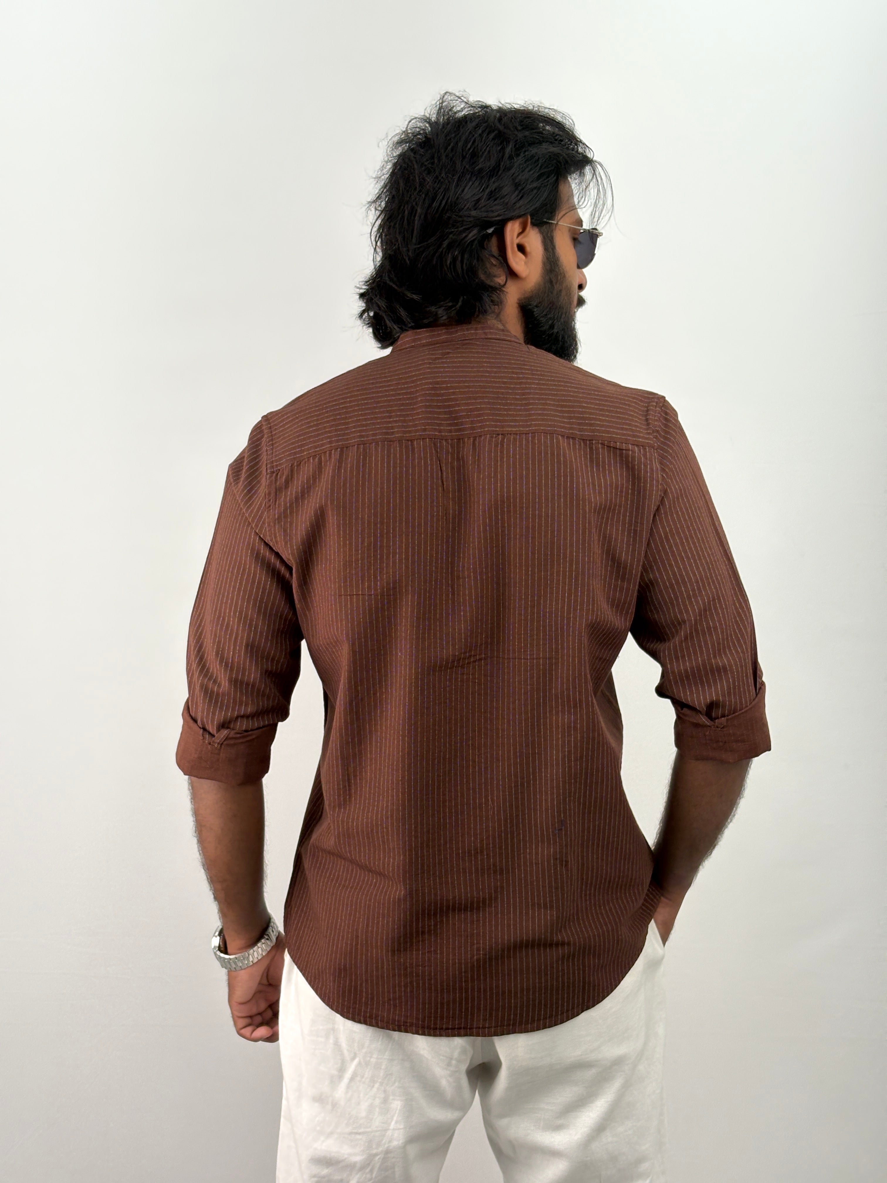 Brown Mandarin Stripe Shirt