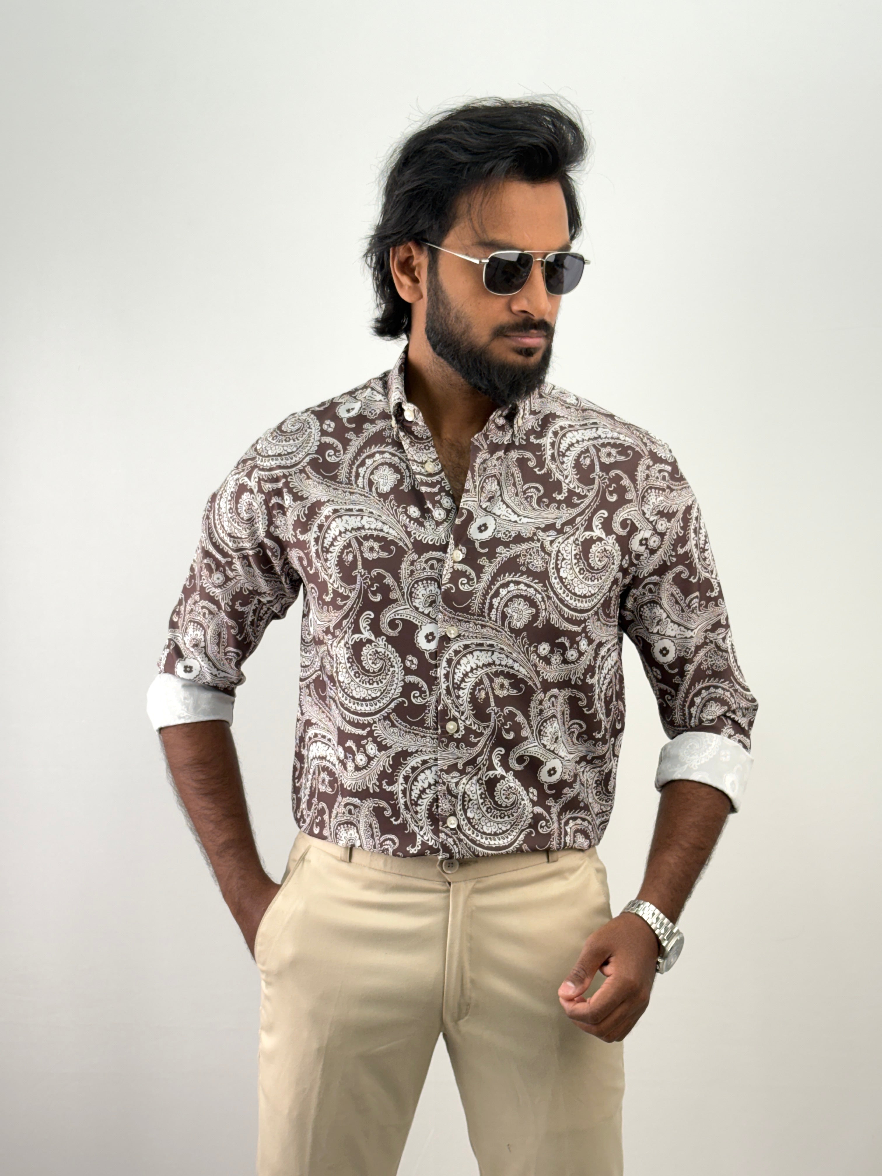 Brown White Viscose Printed Shirt