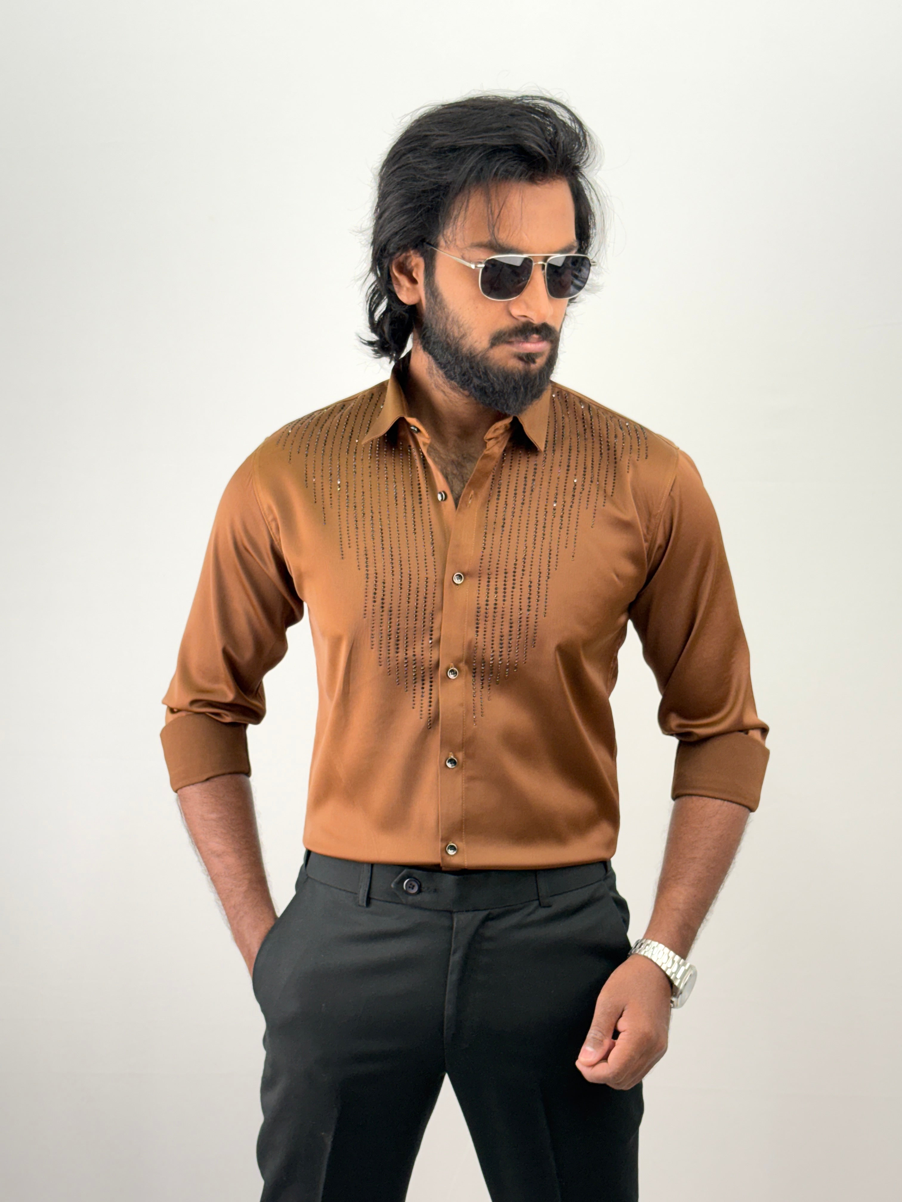 Brown Designer Stone Work Shirt 10