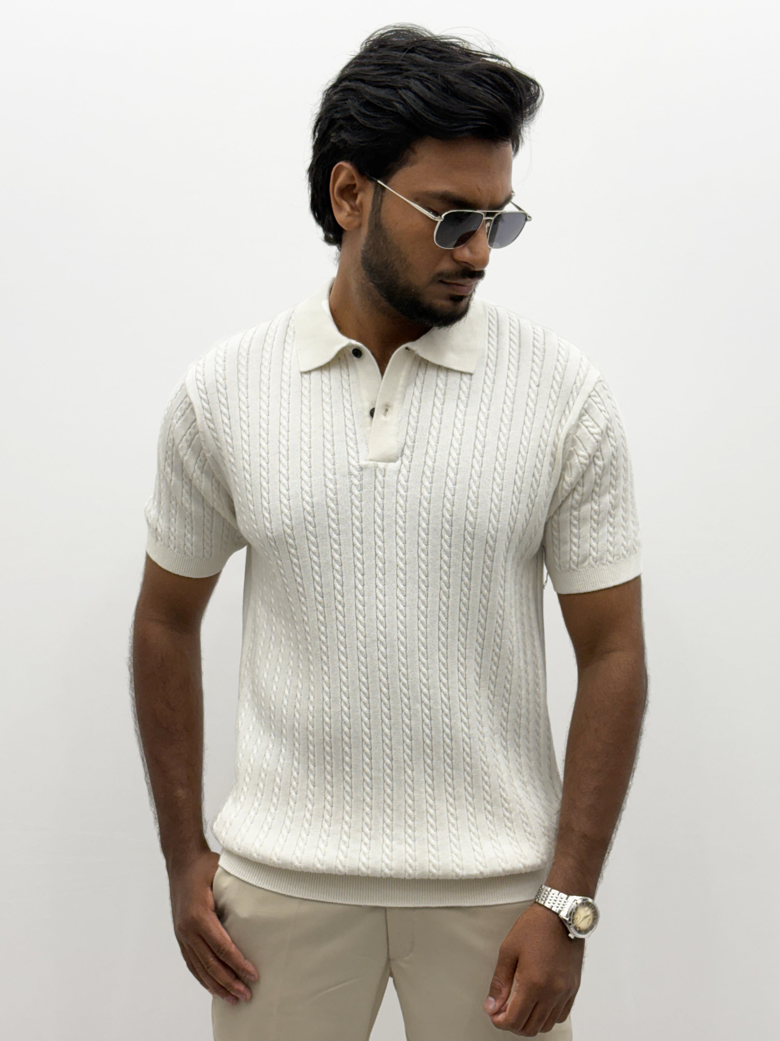 Cream Textured Polo T-Shirt