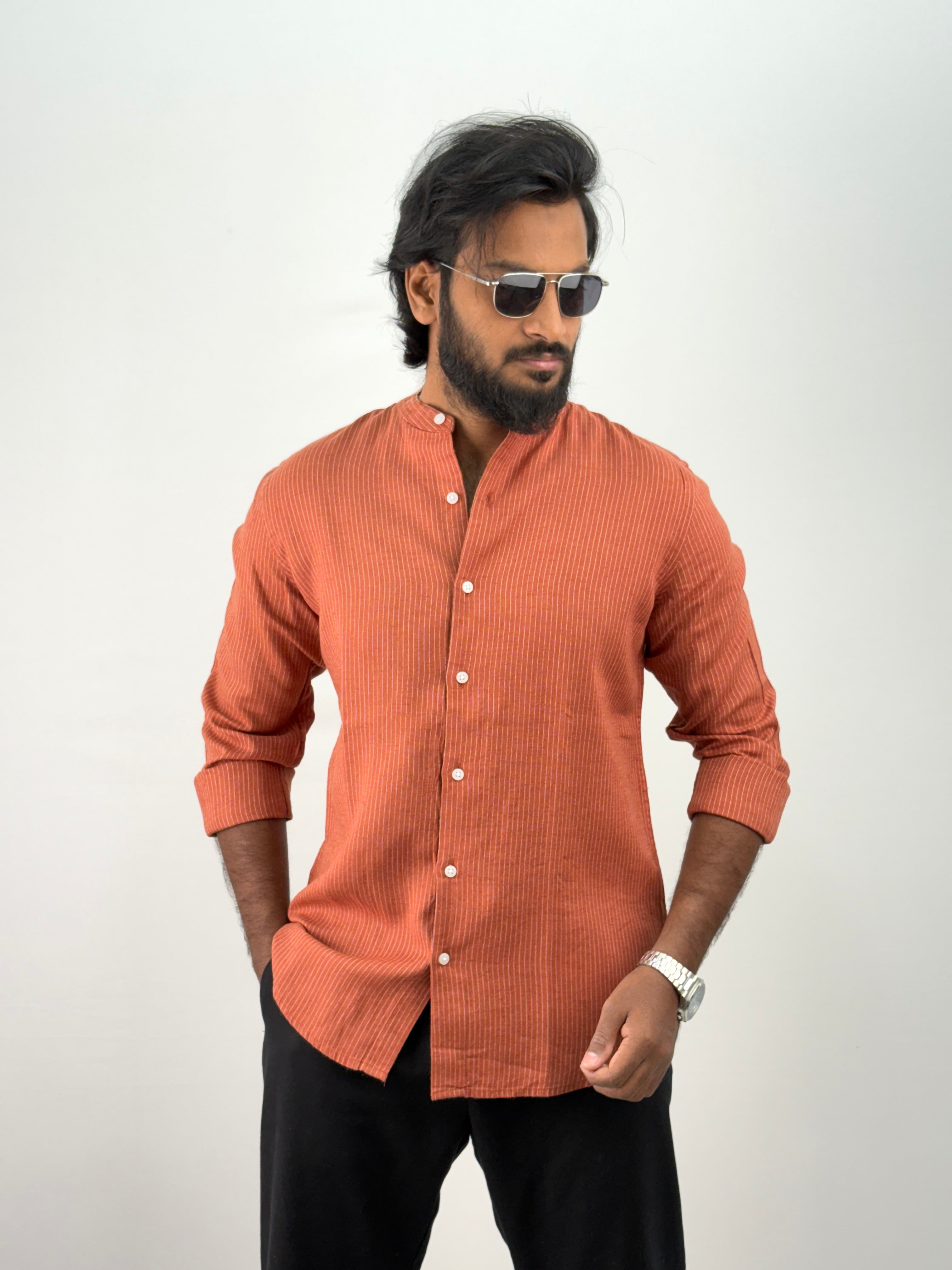 Cherry Mandarin Linen Stripe Shirt