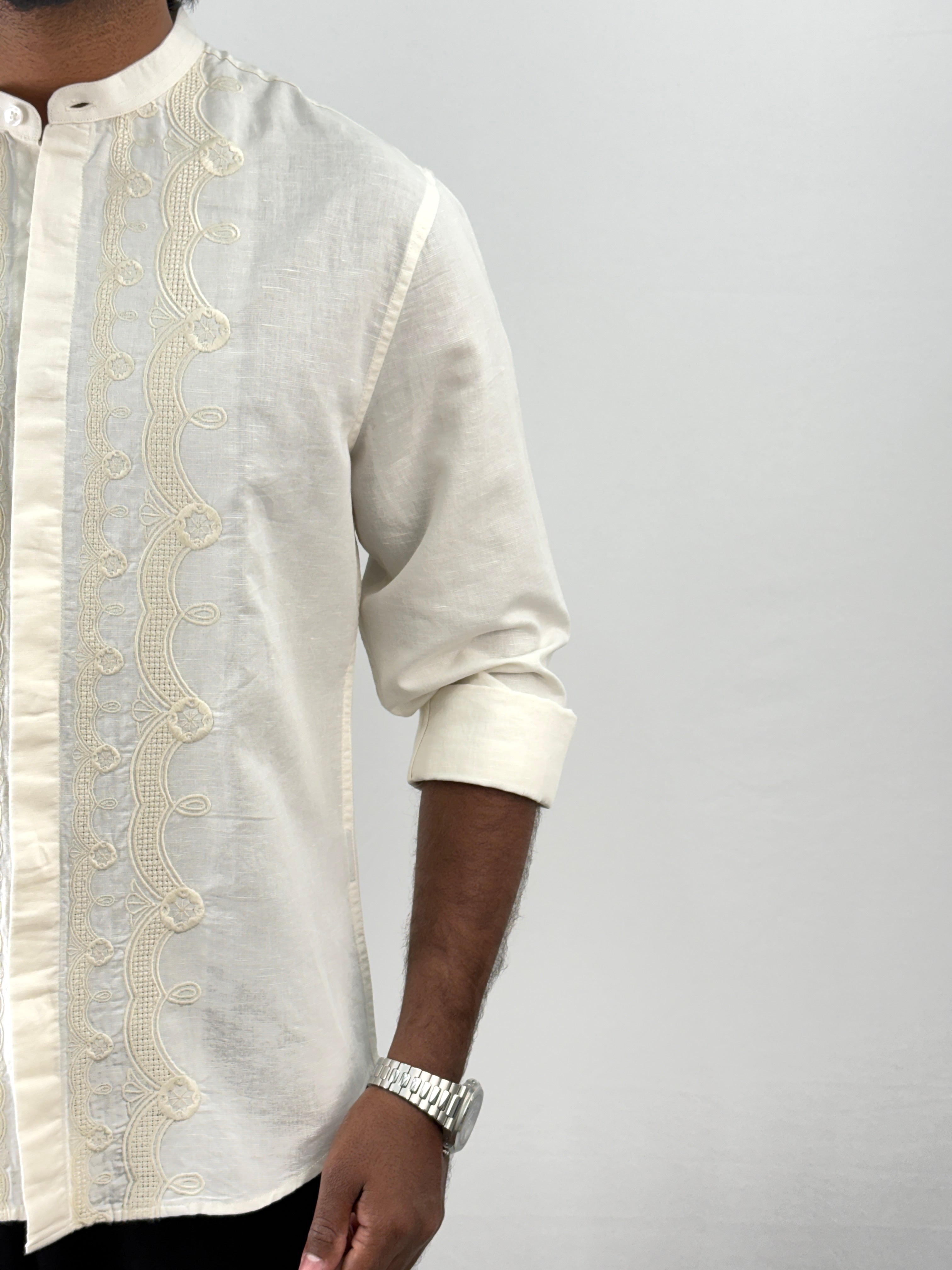 Cream Linen Mandarin Embroidery Shirt