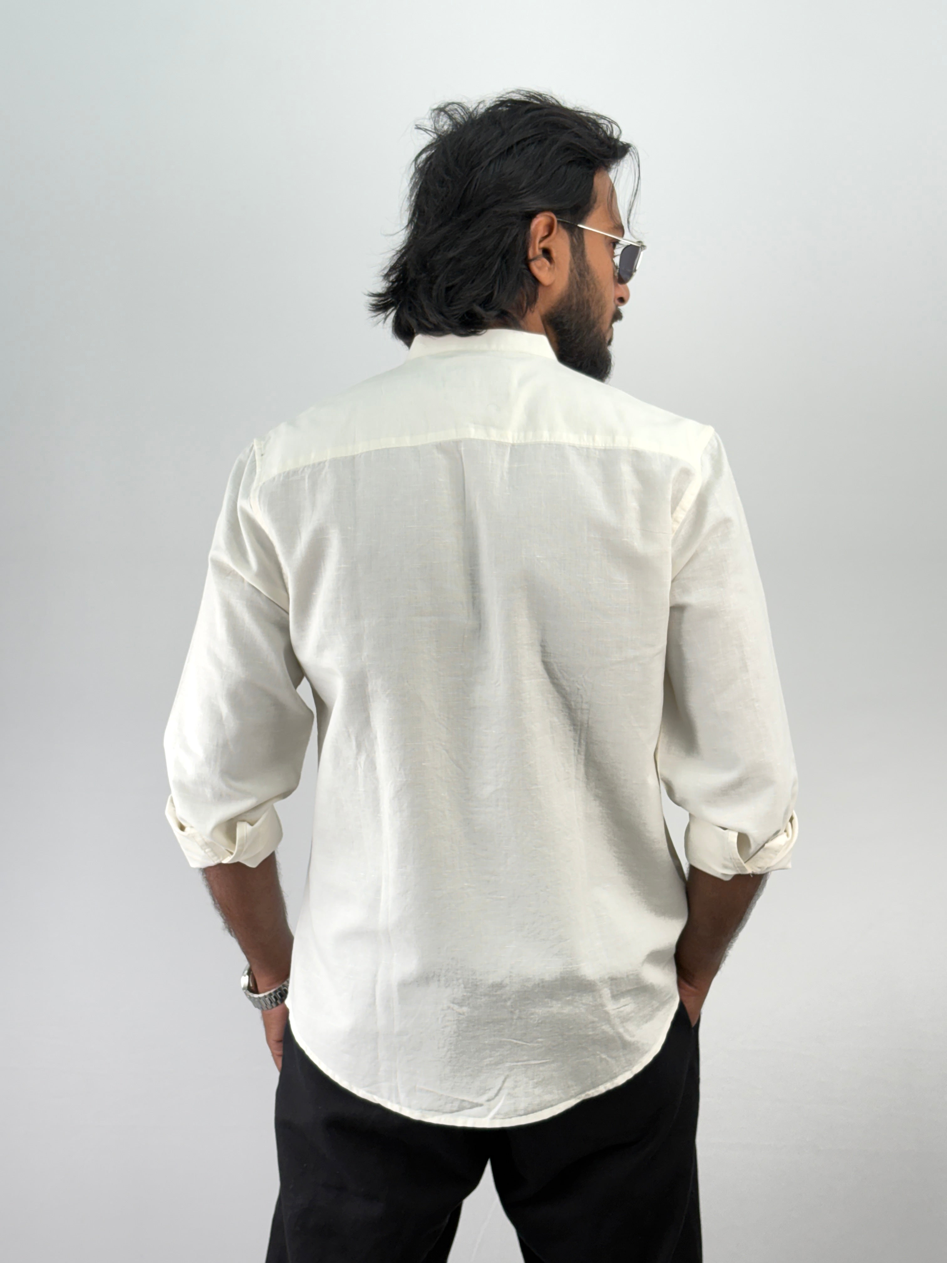 Cream Linen Mandarin Embroidery Shirt