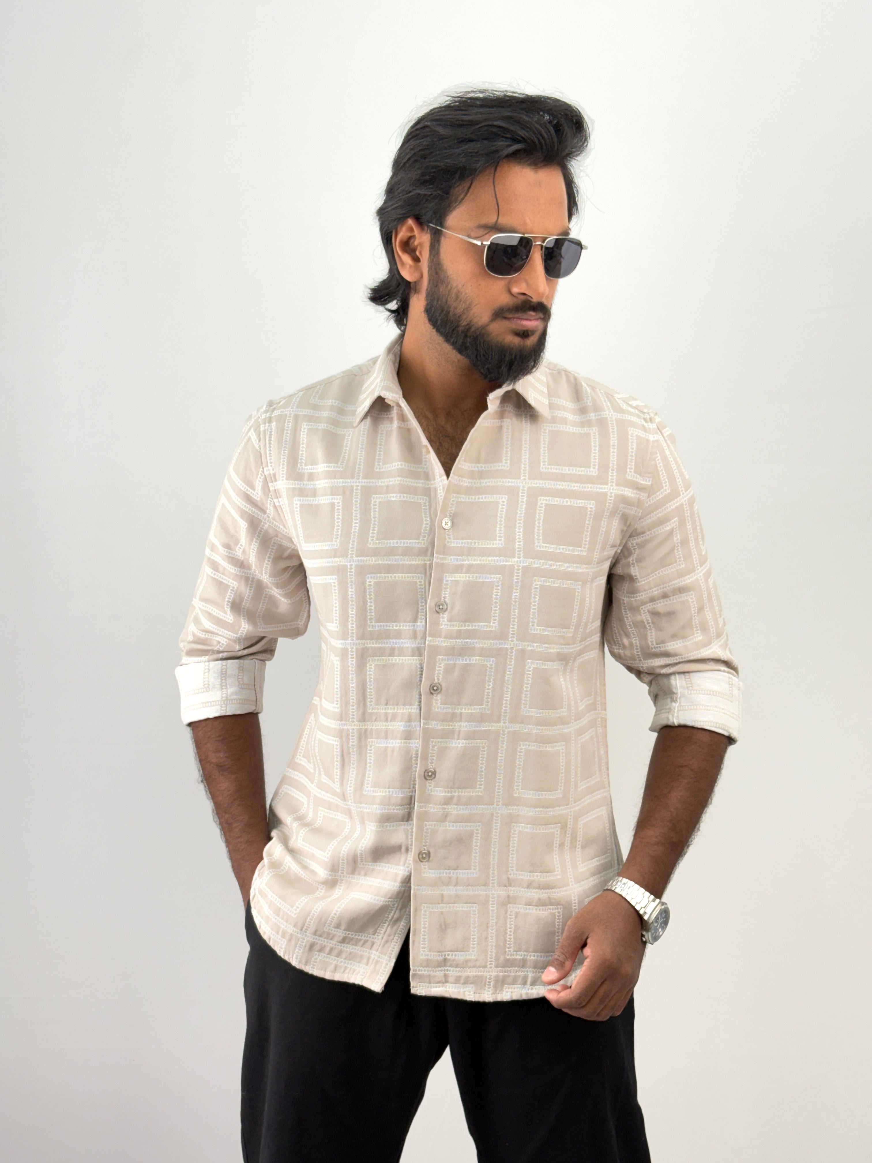 Cream Geometric Jacquard Shirt