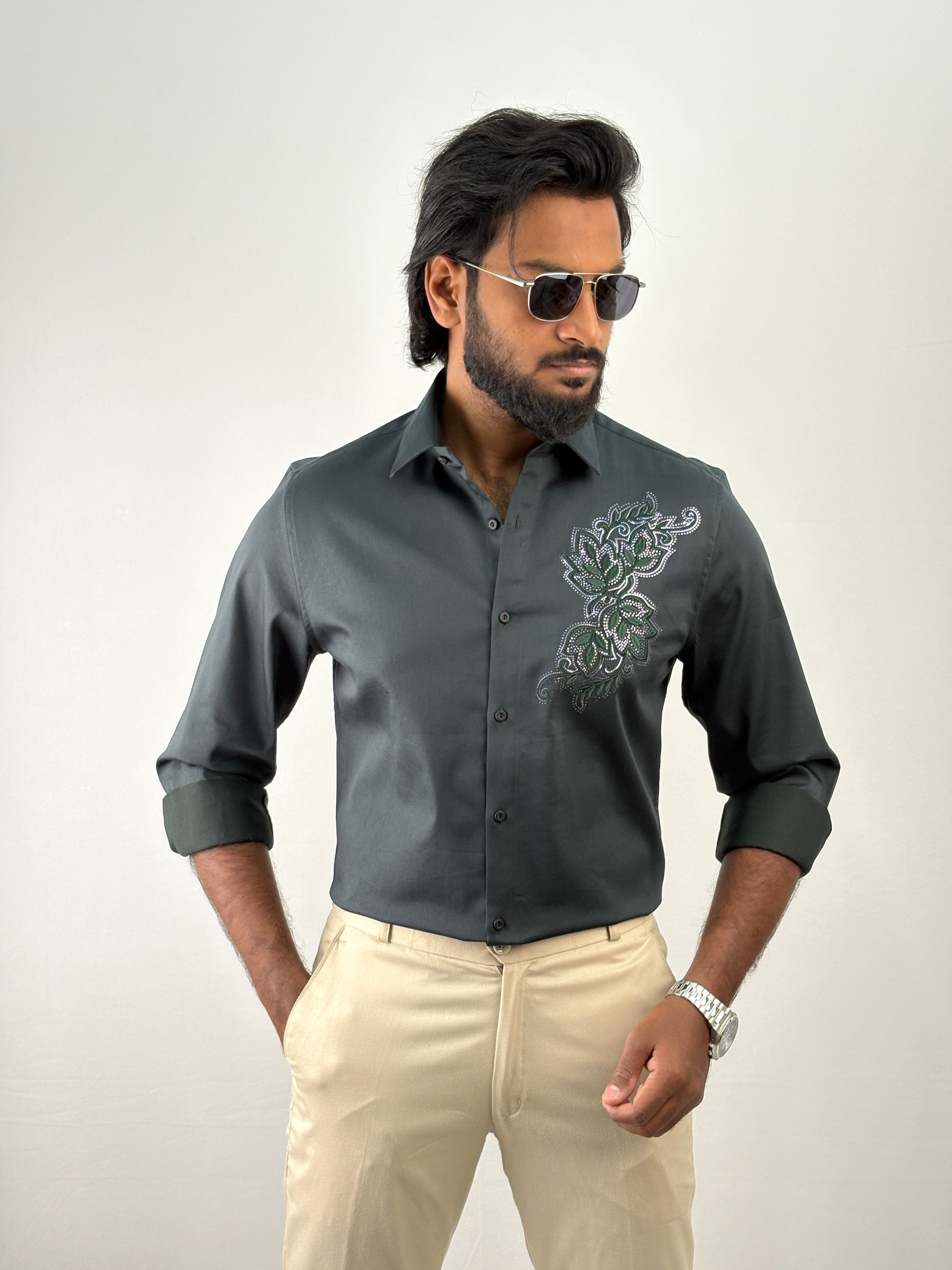 Dark Green Designer Embroidery Stone Work Shirt 1