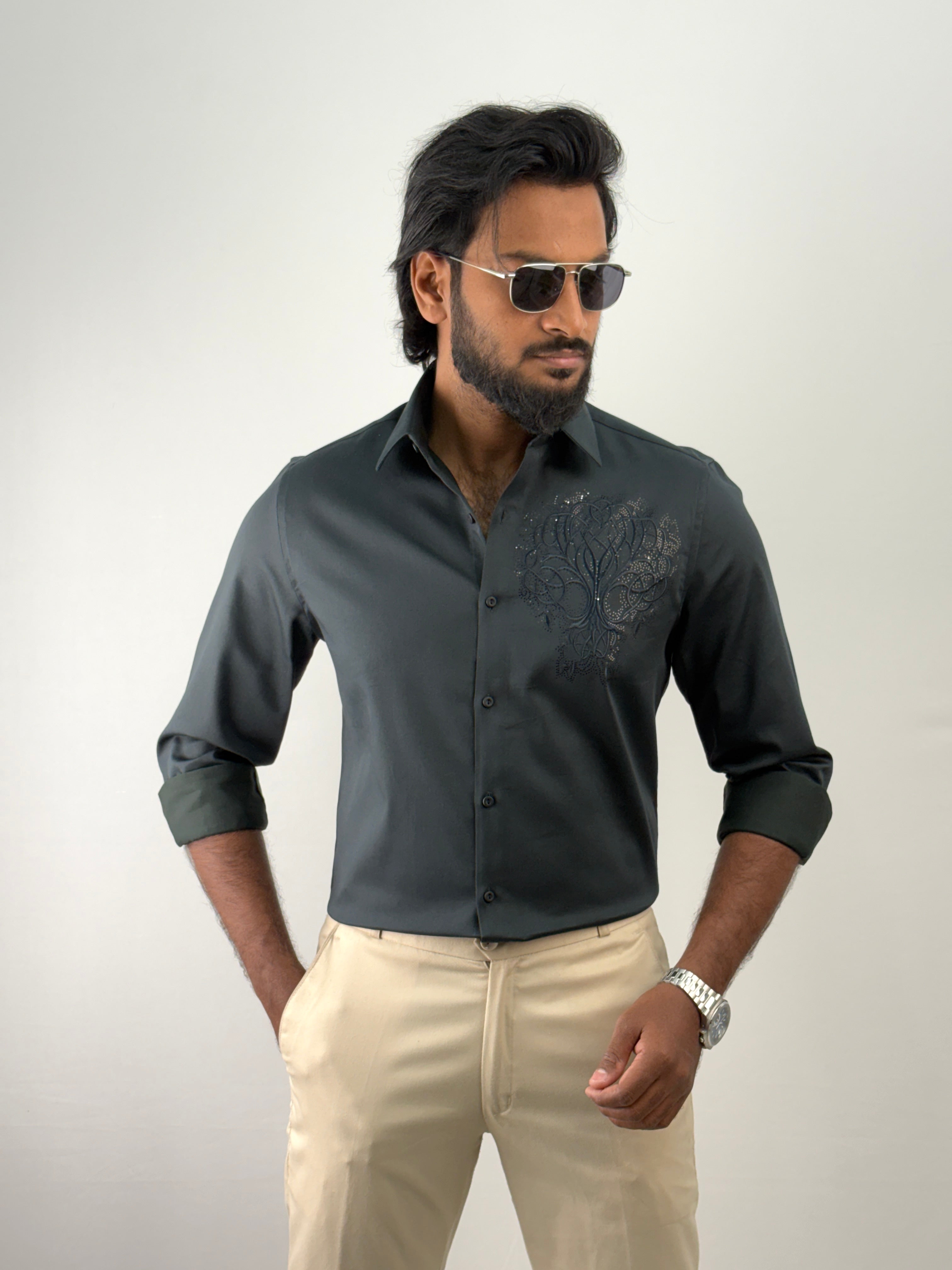 Dark Green Designer Embroidery Stone Work Shirt 2