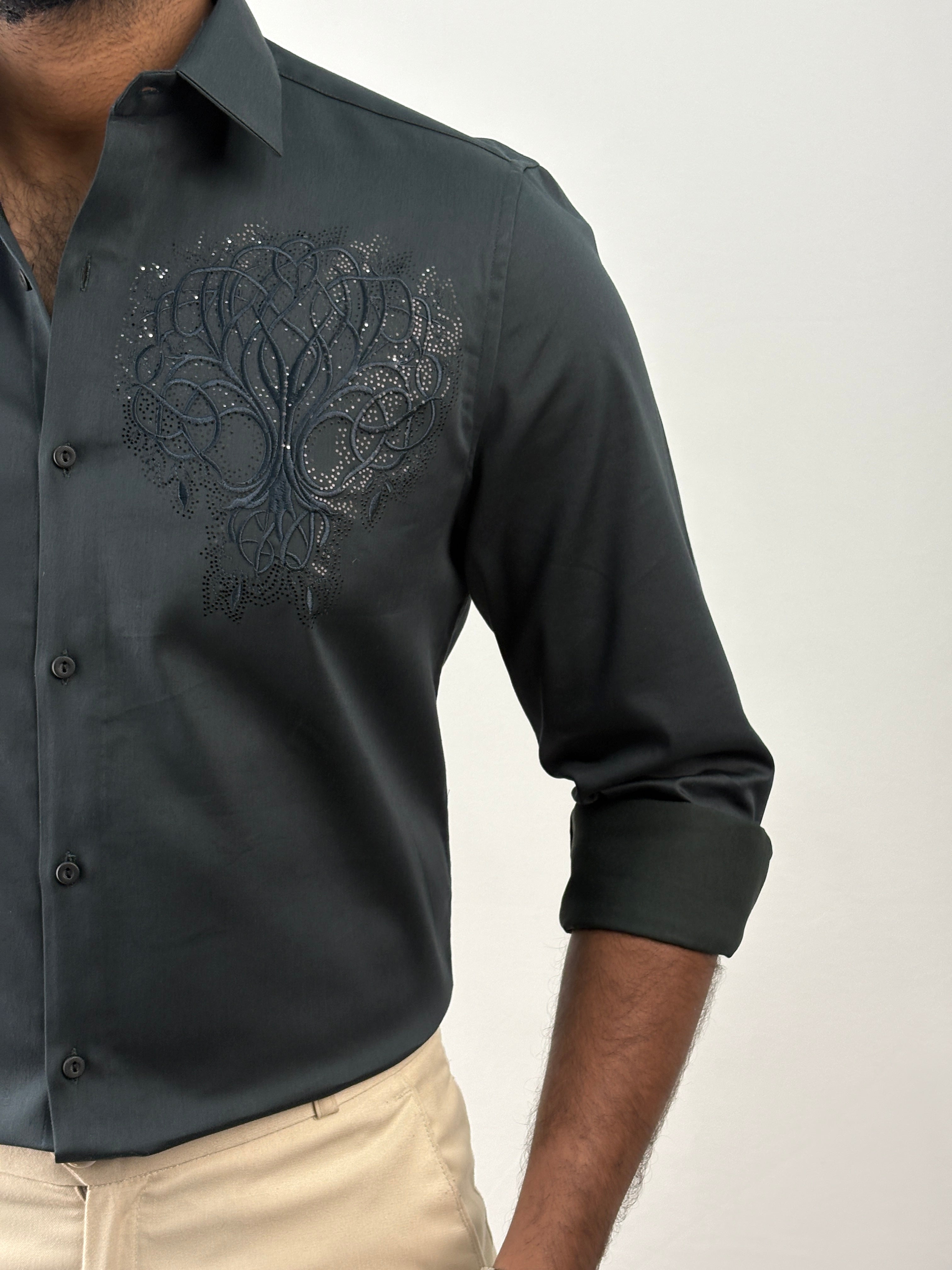 Dark Green Designer Embroidery Stone Work Shirt 2