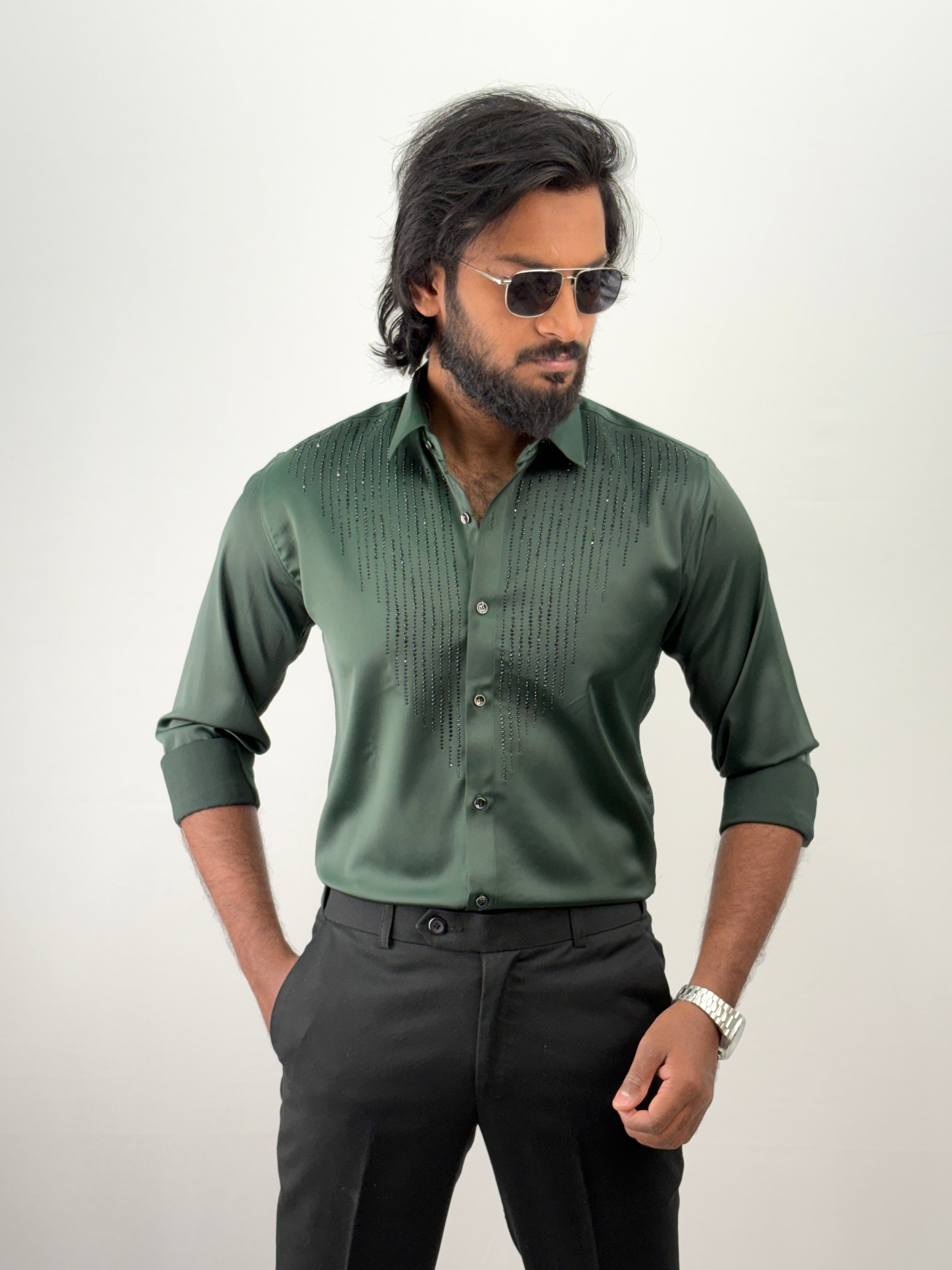Dark Green Designer Stone Work Shirt 10