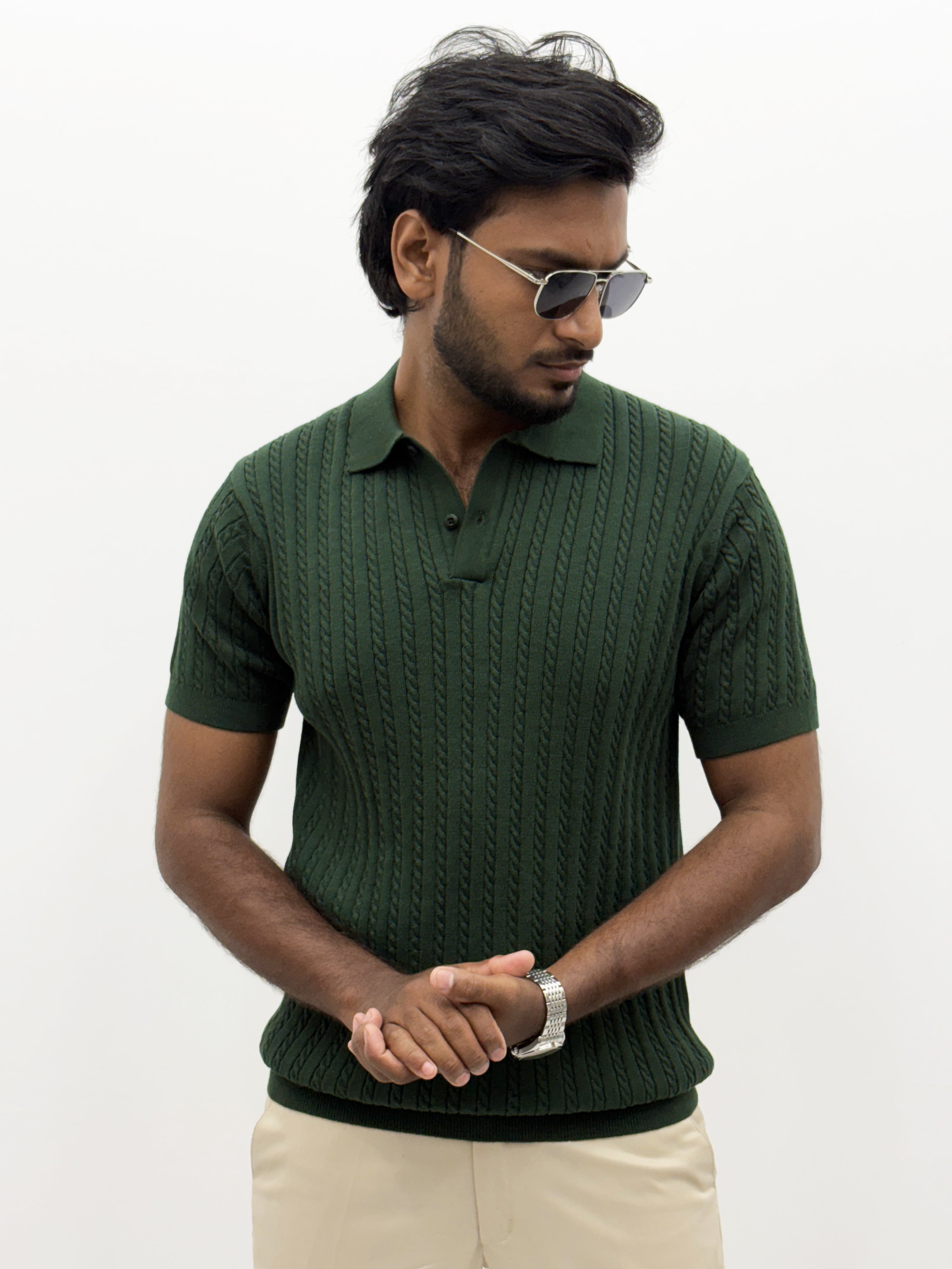 Forest Green Textured Polo T-Shirt