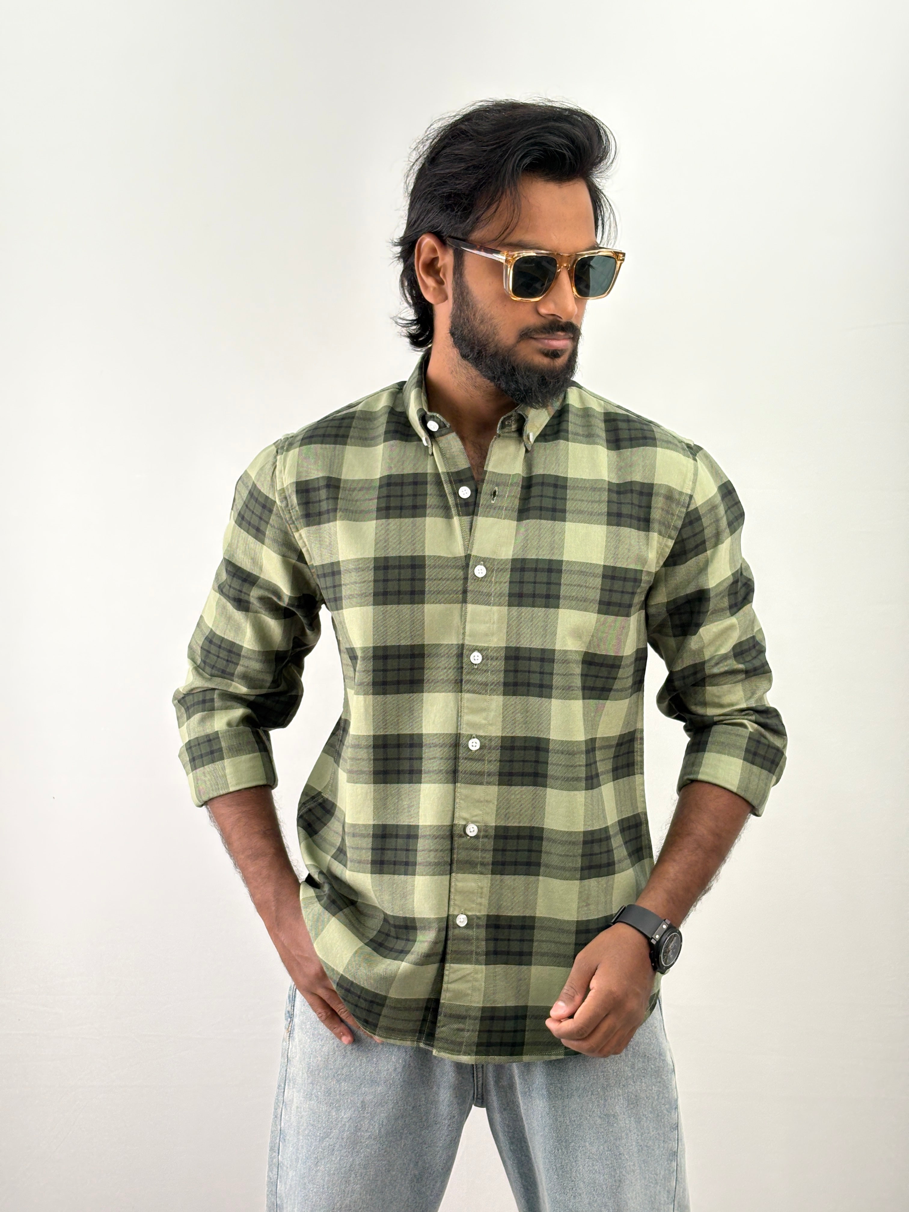 Green Elbow Patch Flannel Shirt