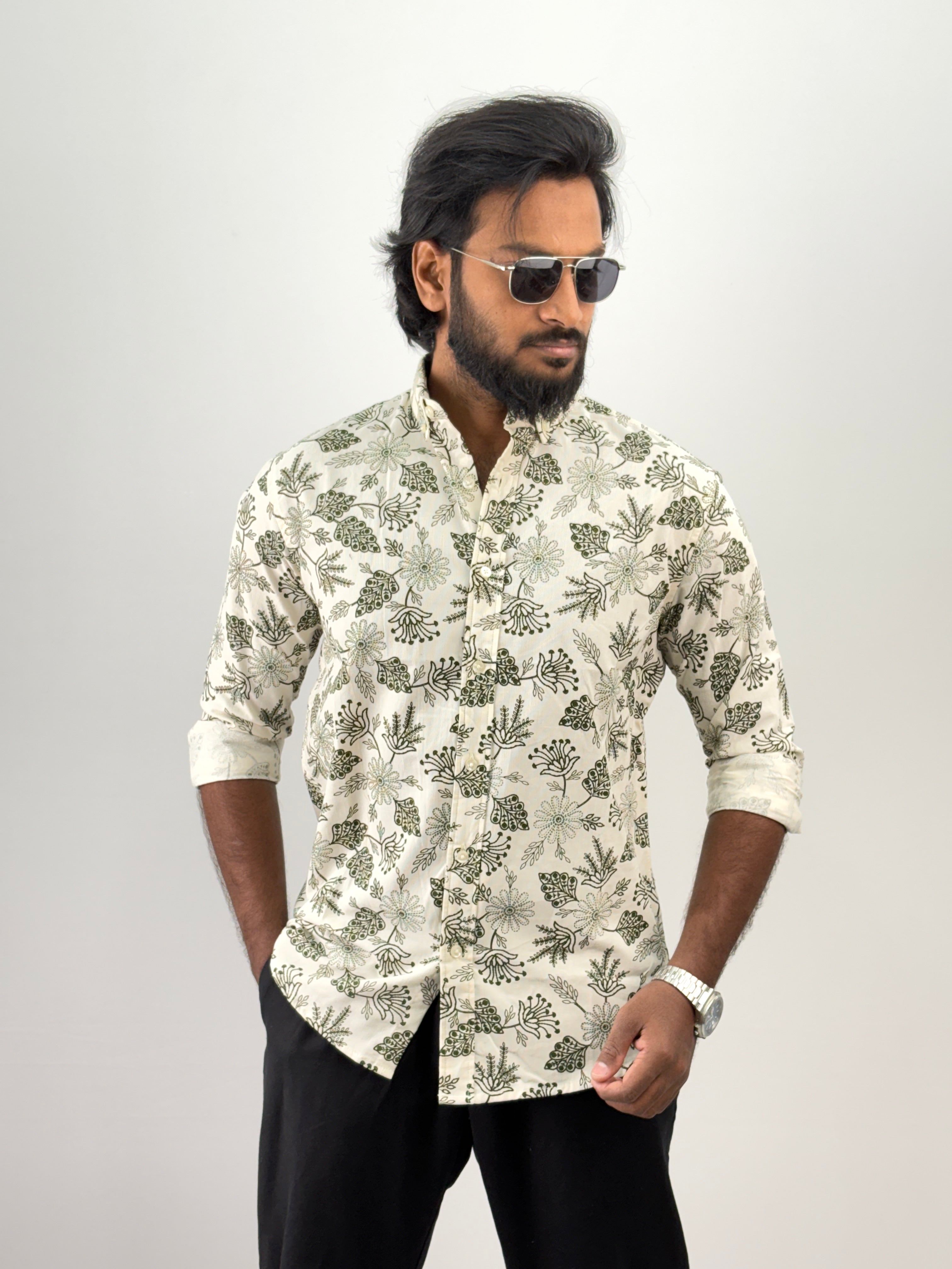 Green Corduroy Printed Shirt