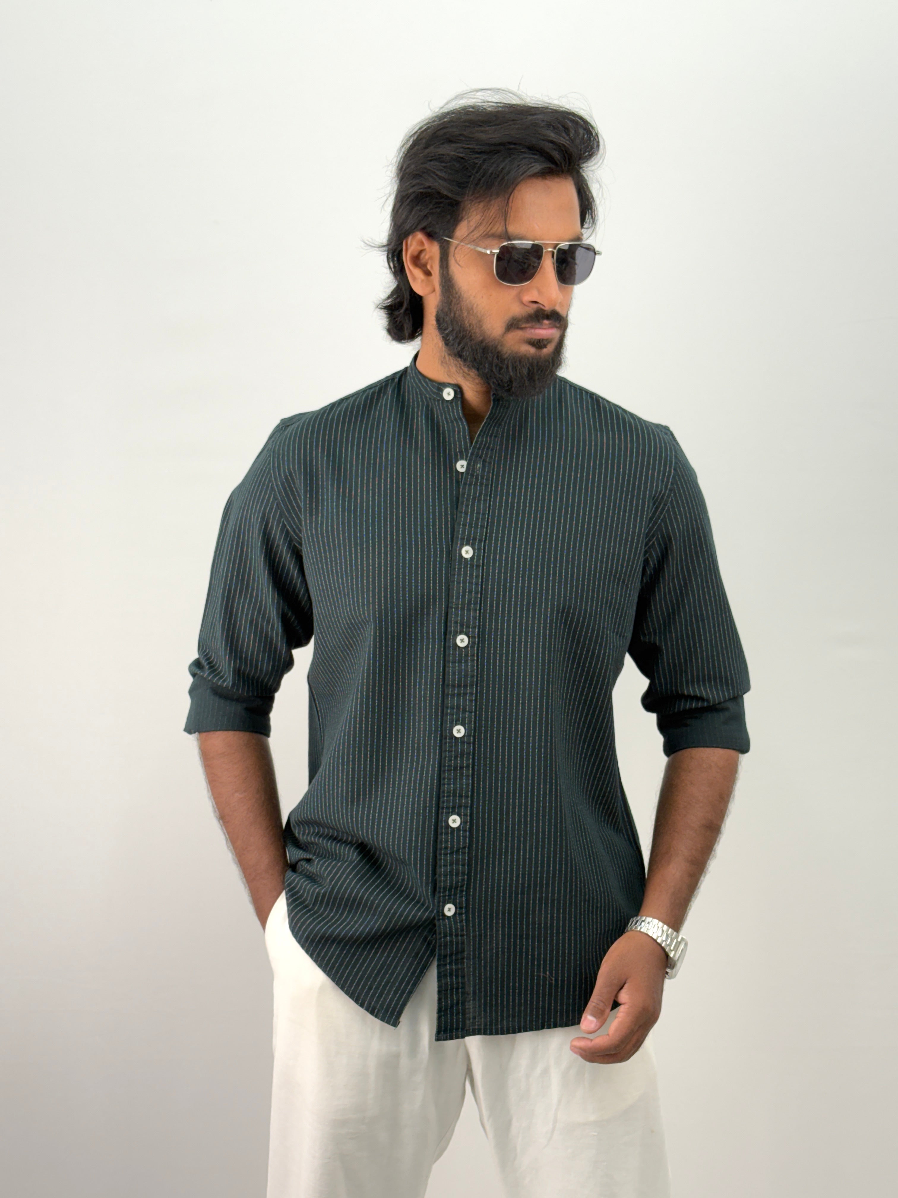 Green Mandarin Stripe Shirt