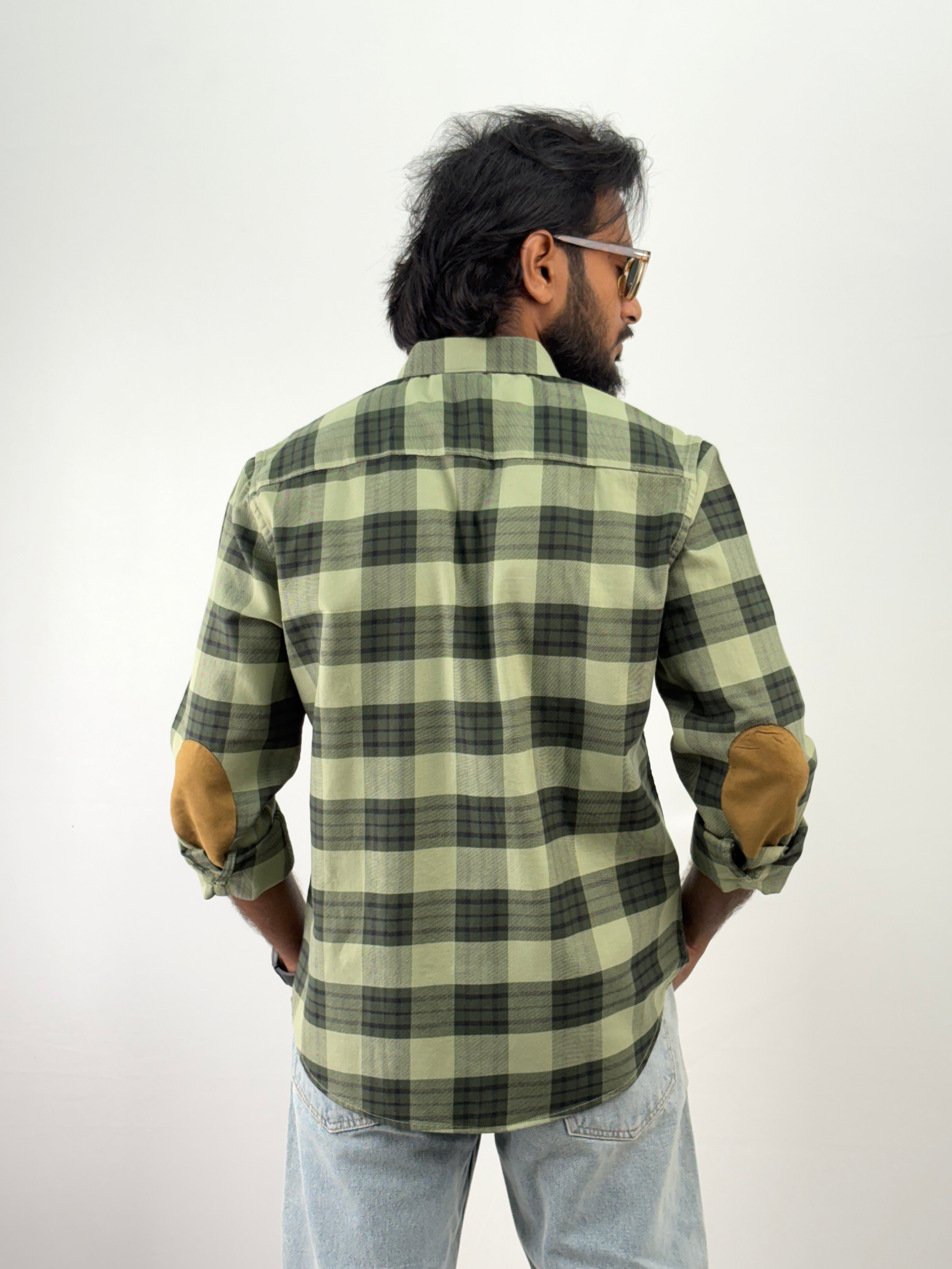 Green Elbow Patch Flannel Shirt