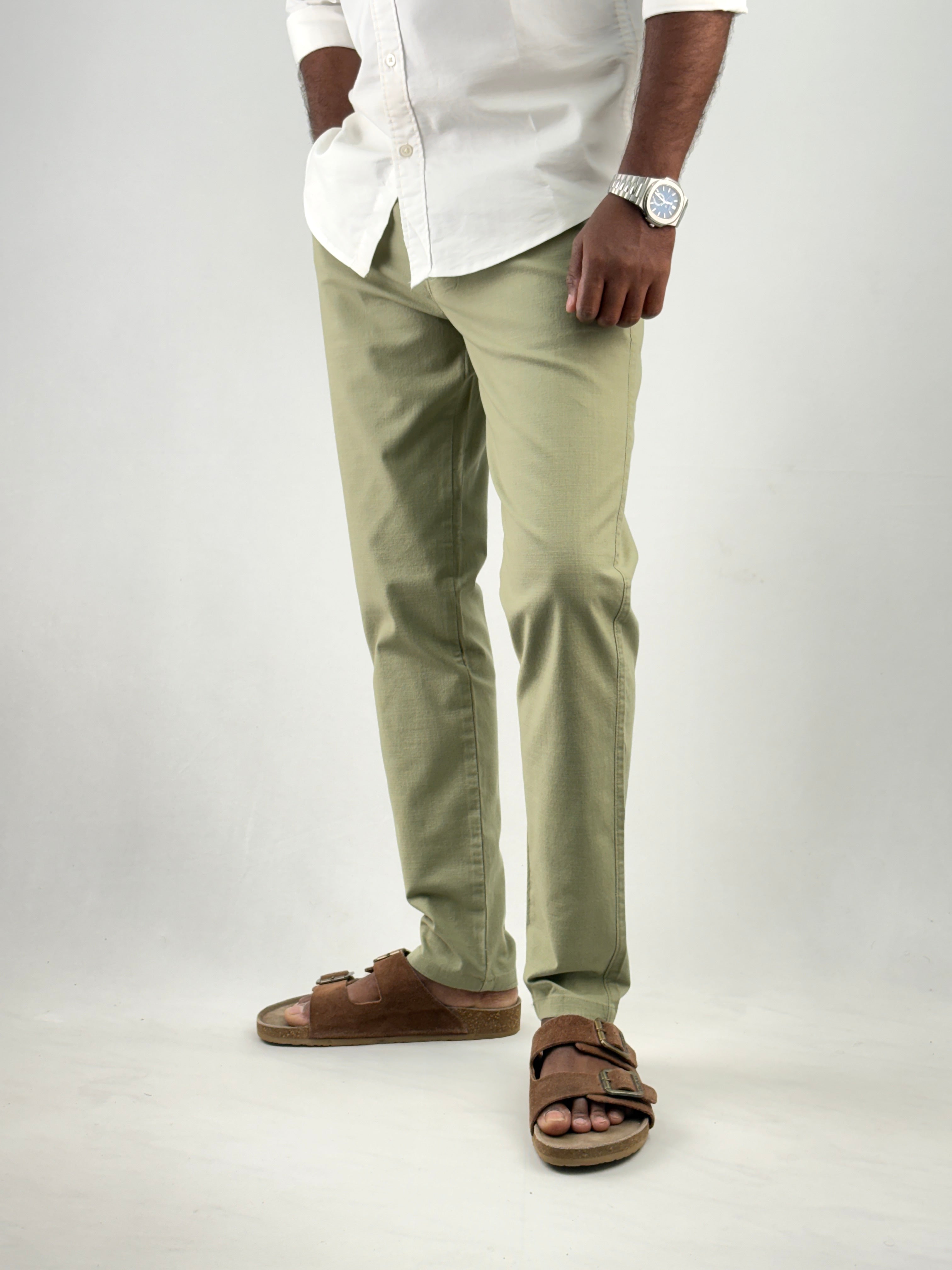 Green Slim Fit Linen Pant