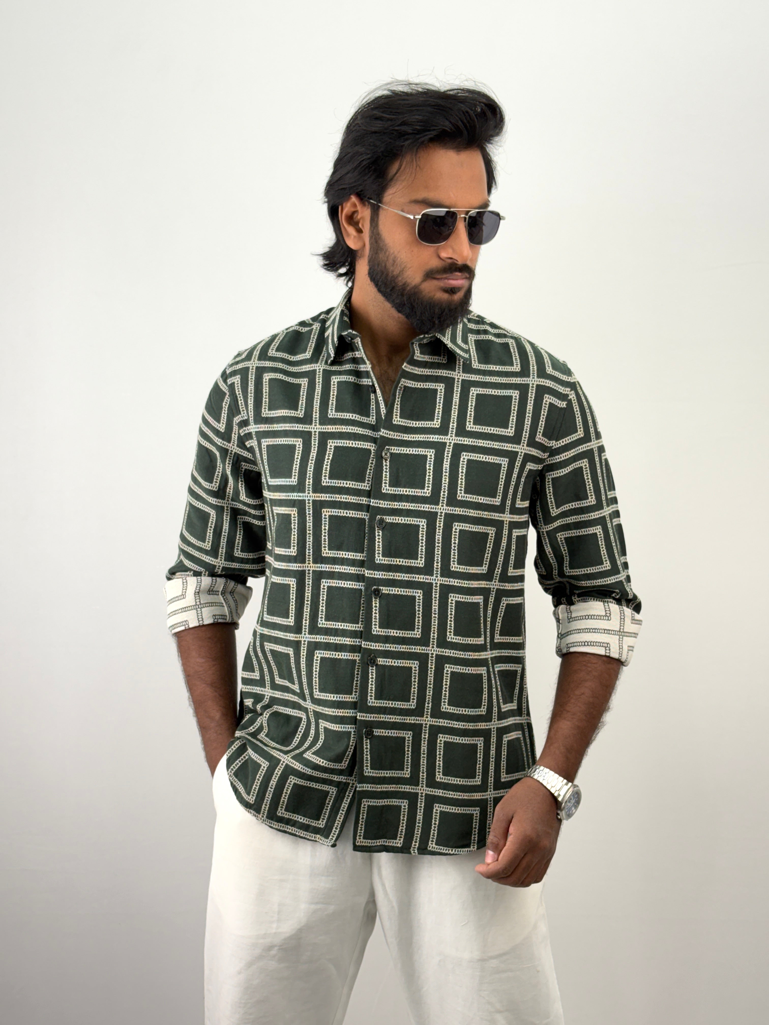 Green Geometric Jacquard Shirt