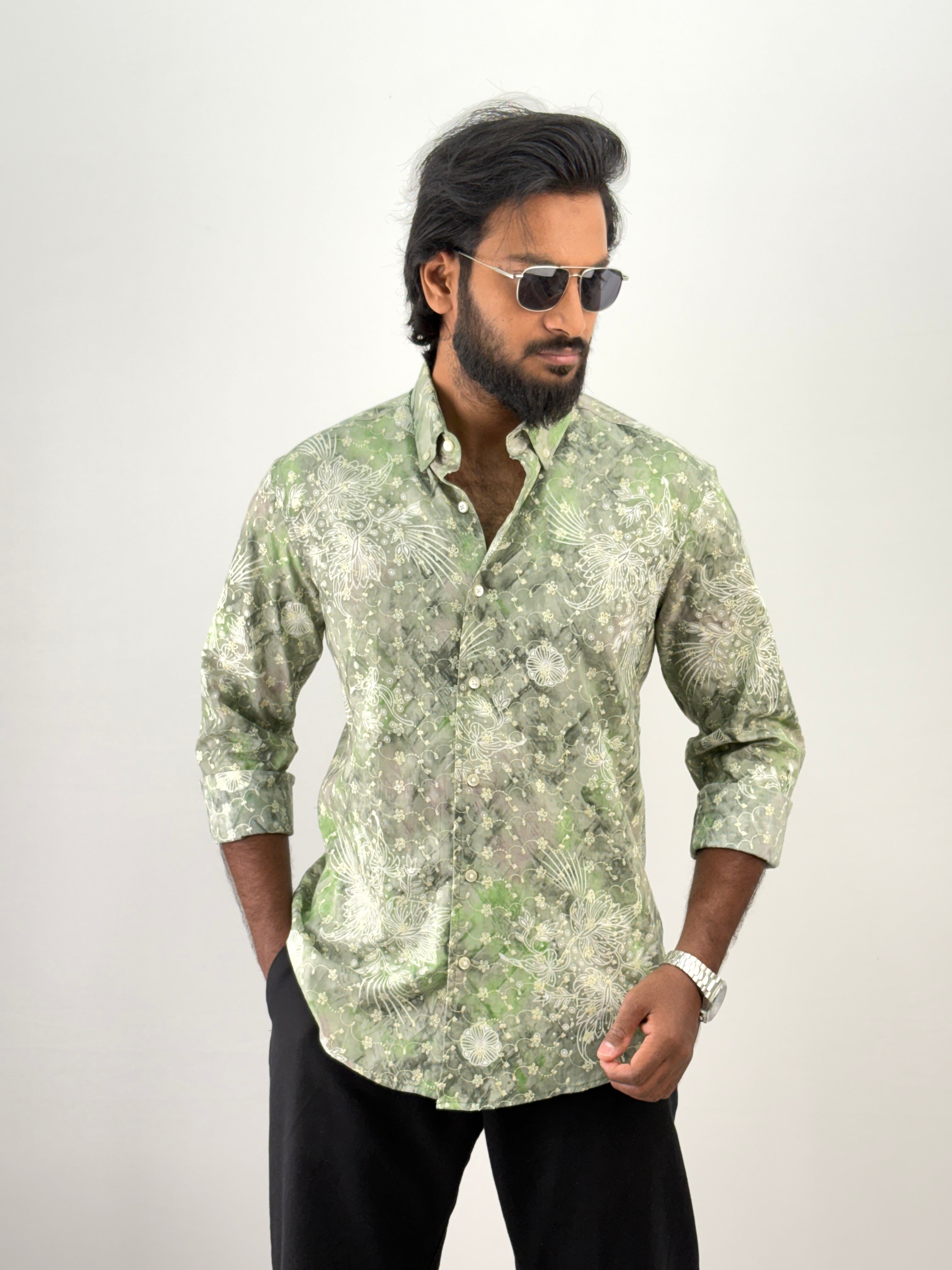 Green Embroidery Printed Shirt