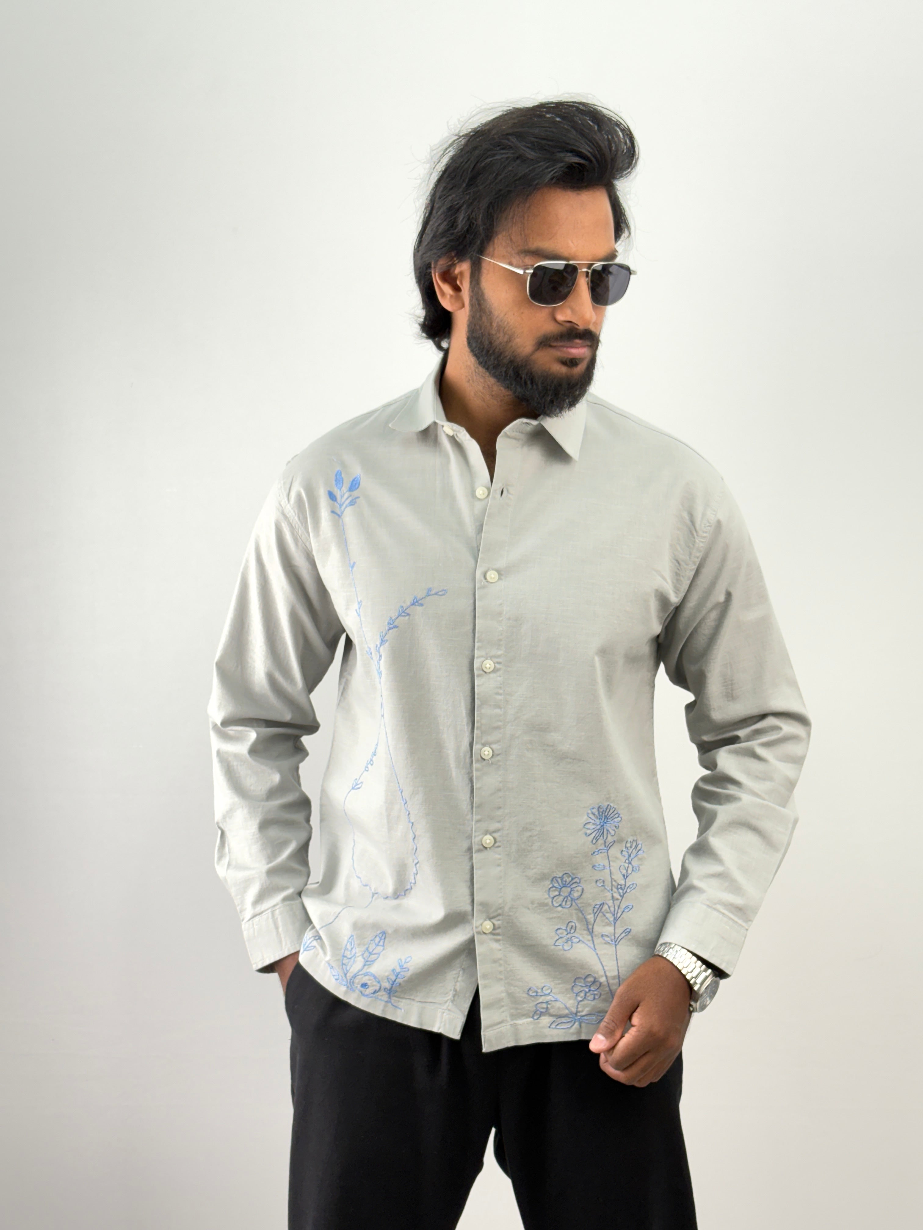 Grey Linen Embroidery Shirt