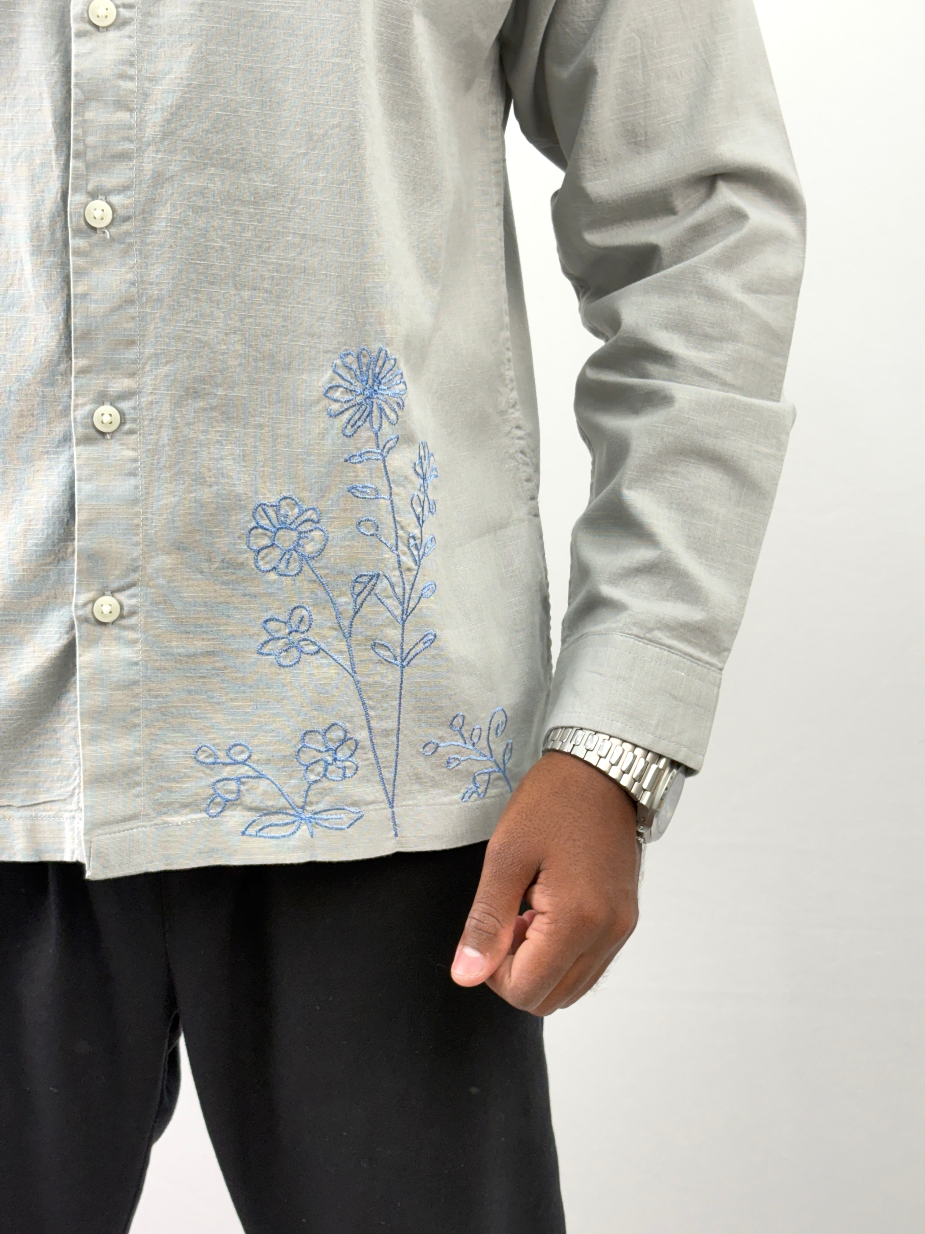Grey Linen Embroidery Shirt