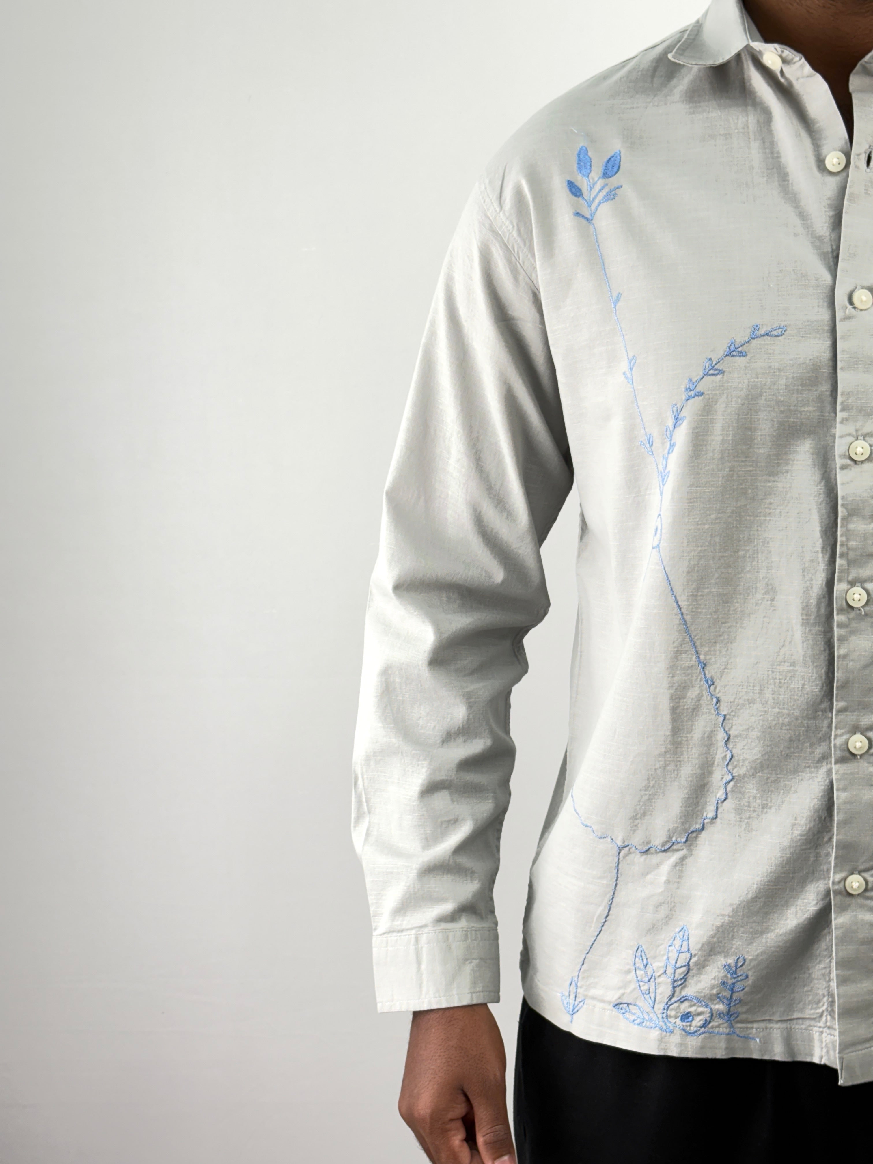 Grey Linen Embroidery Shirt