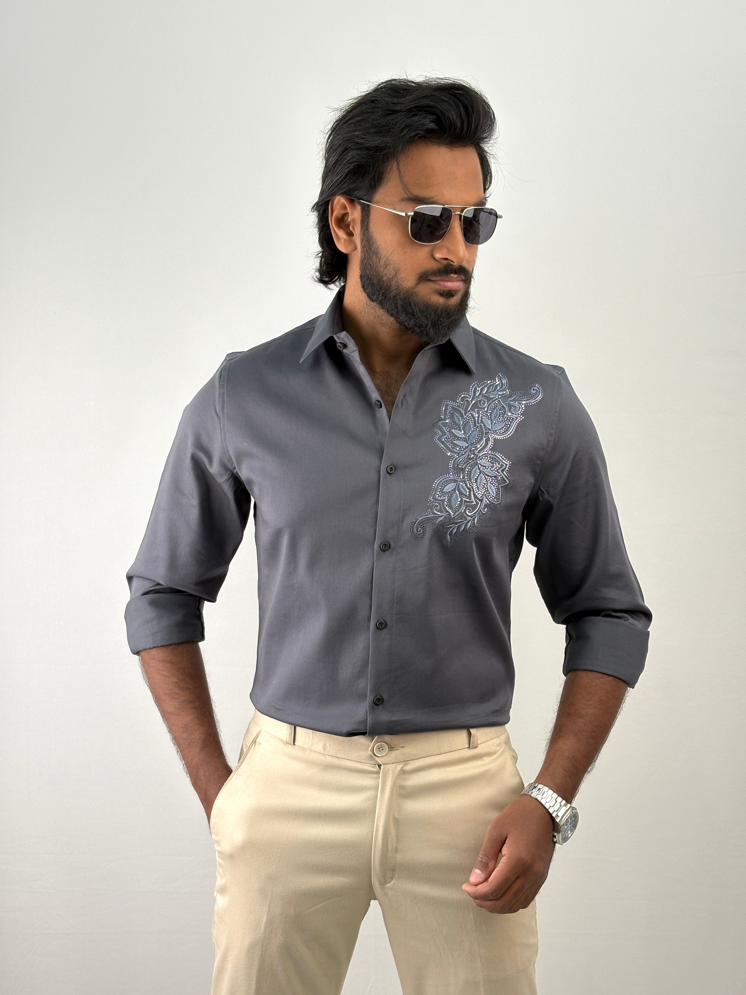 Grey Designer Embroidery Stone Work Shirt 1