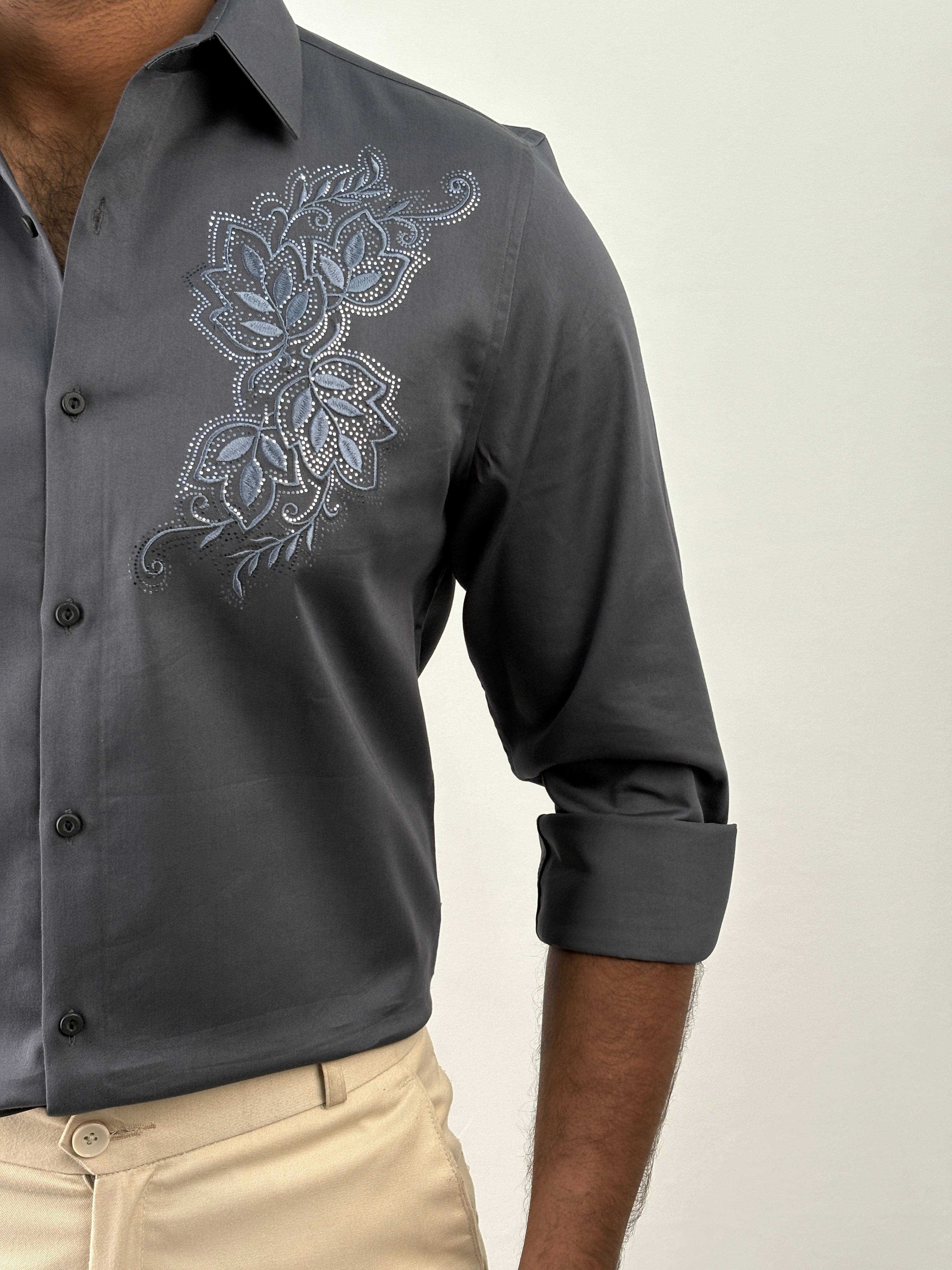 Grey Designer Embroidery Stone Work Shirt 1
