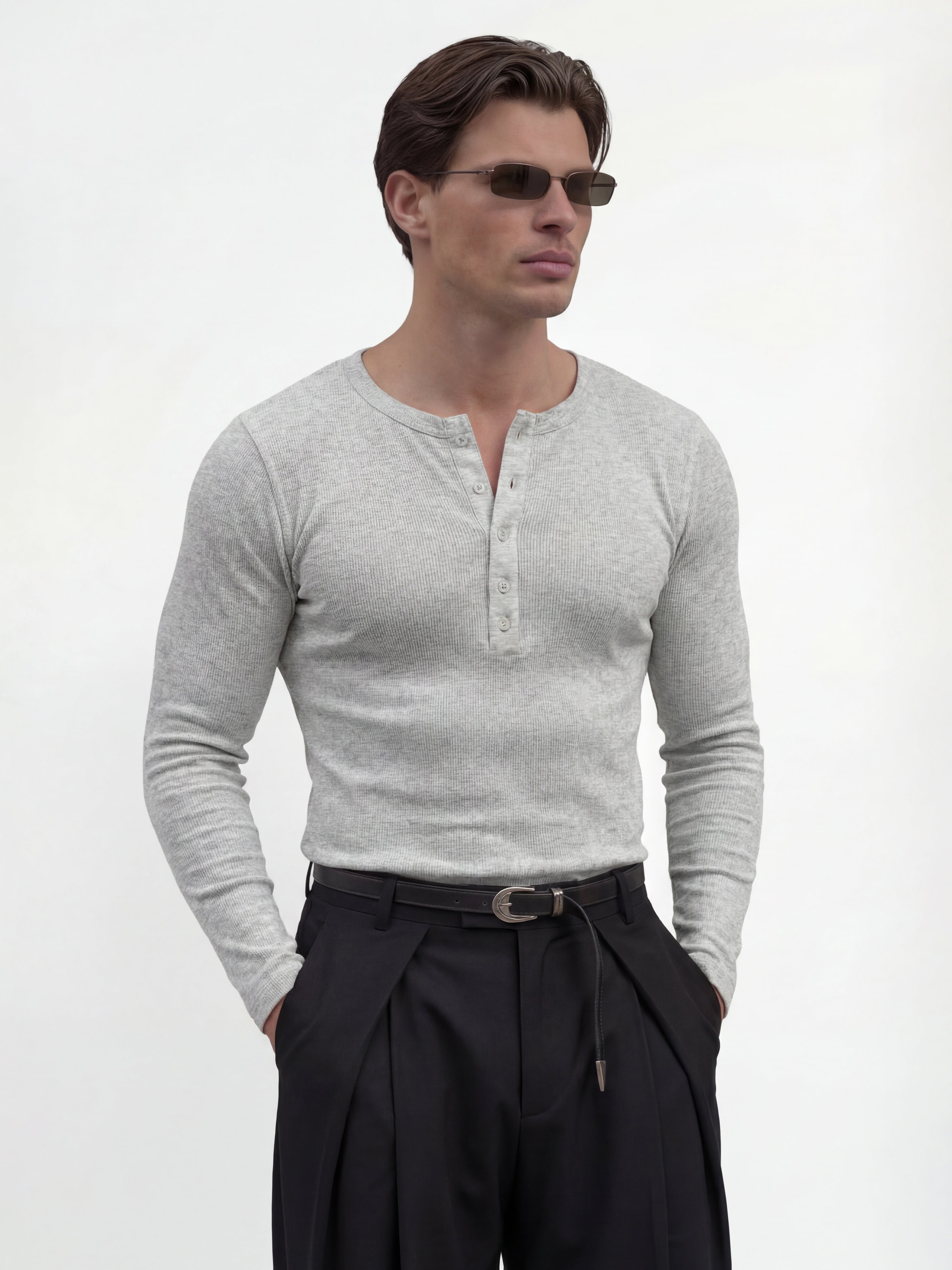 Grey Ribbed Henley Long Sleeve T-Shirt