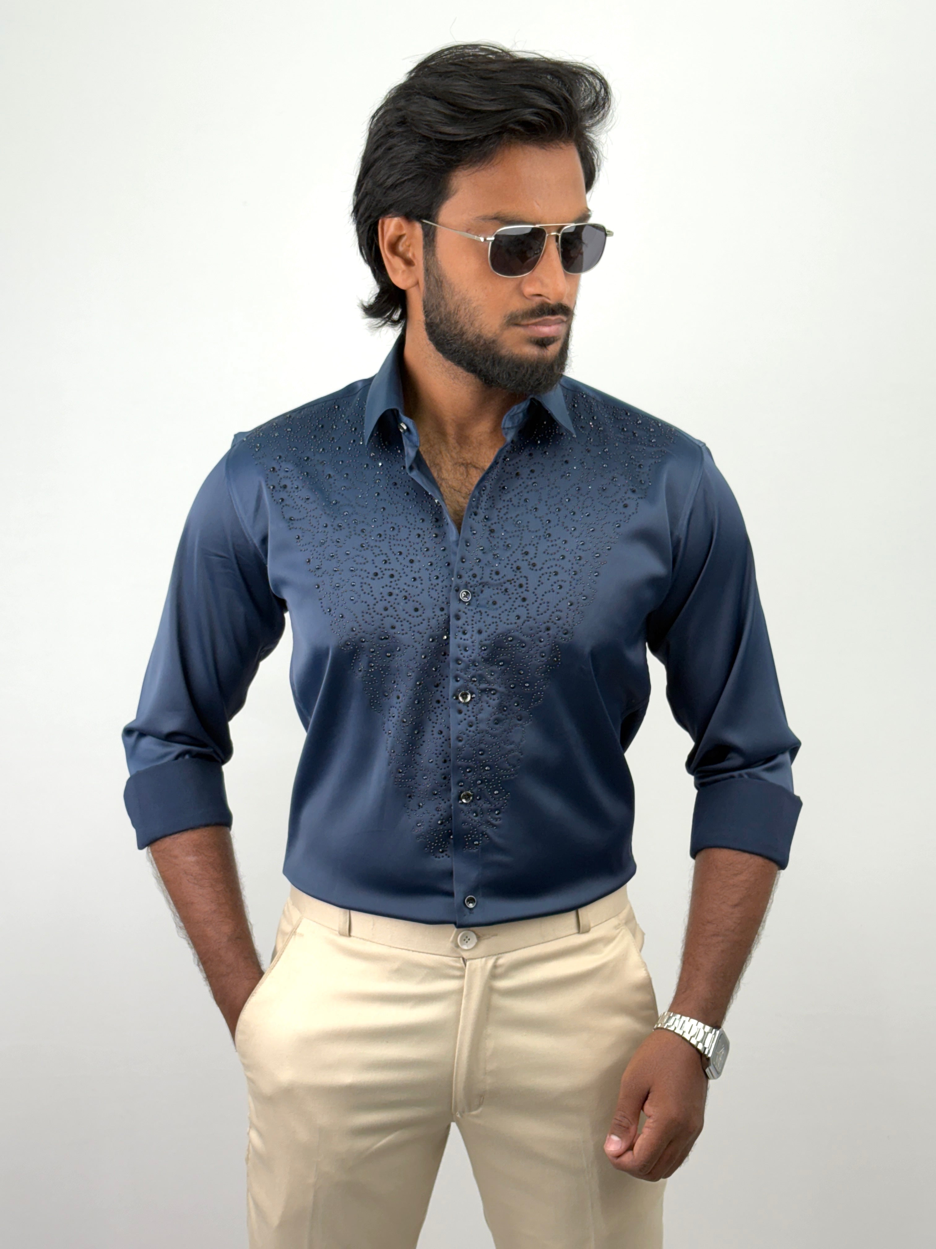 Navy Designer Stone Work Shirt 2