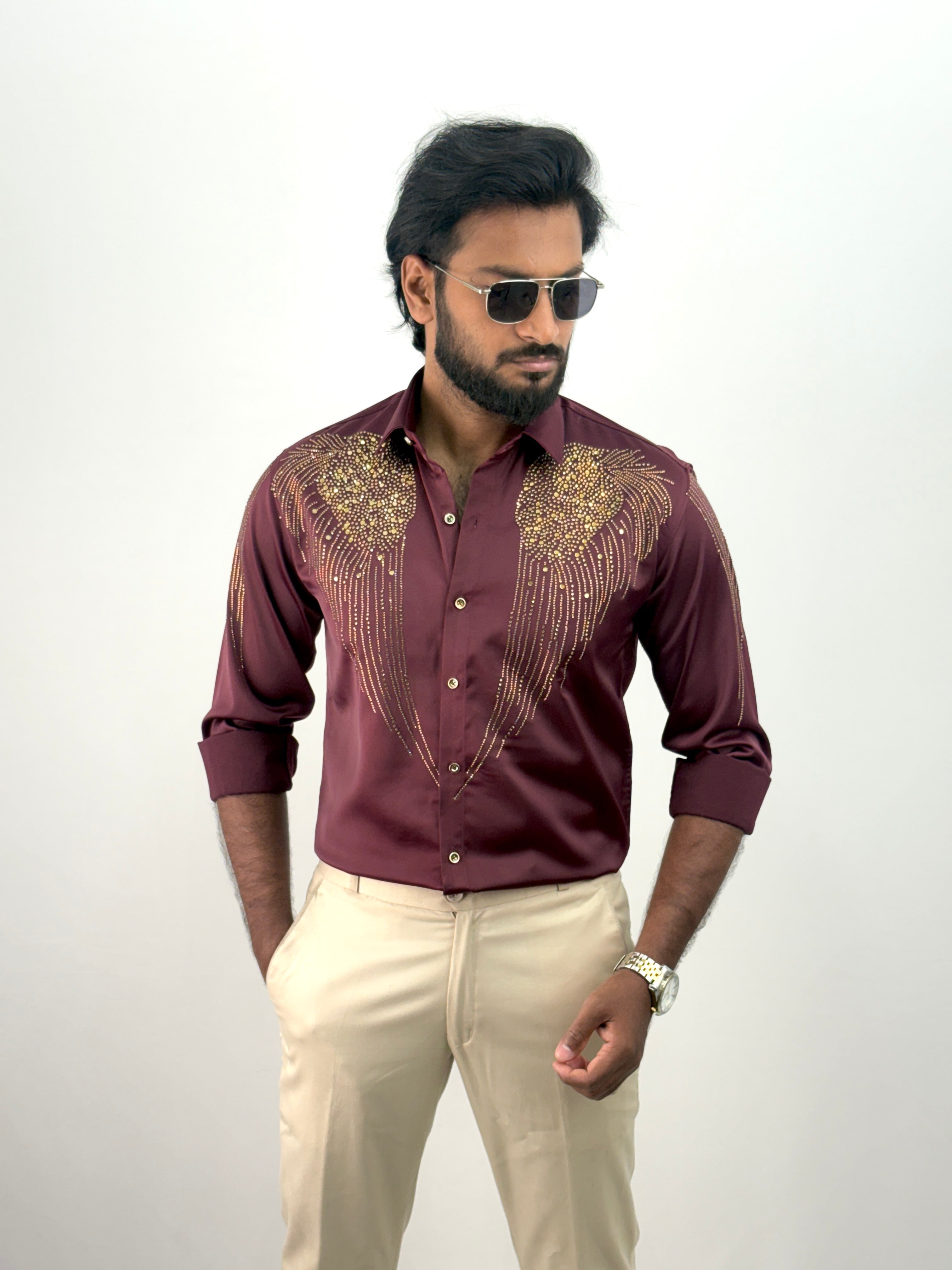 Maroon Designer Stone Work Shirt 19