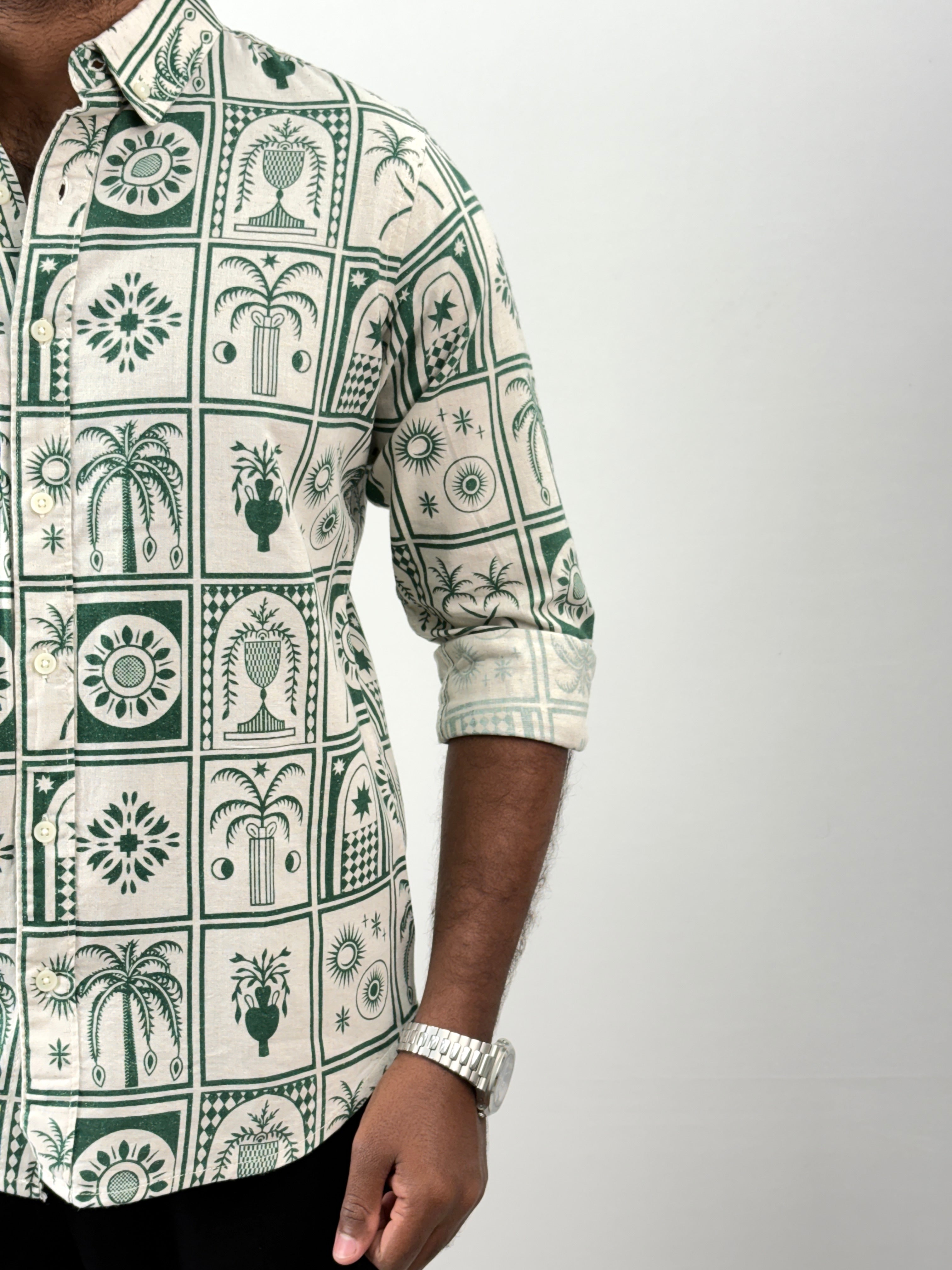 Green Linen Printed Shirt