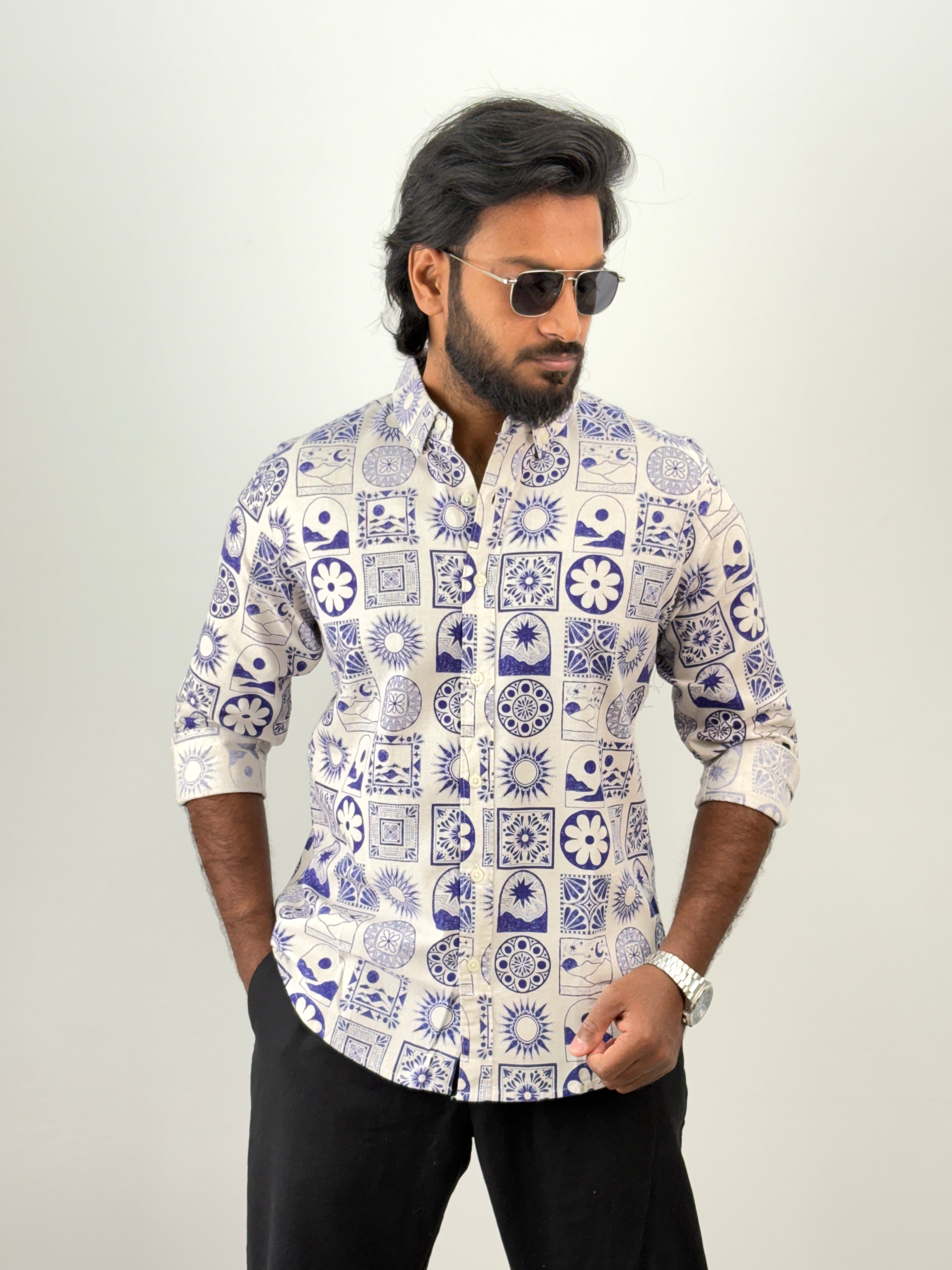 Blue Linen Printed Shirt