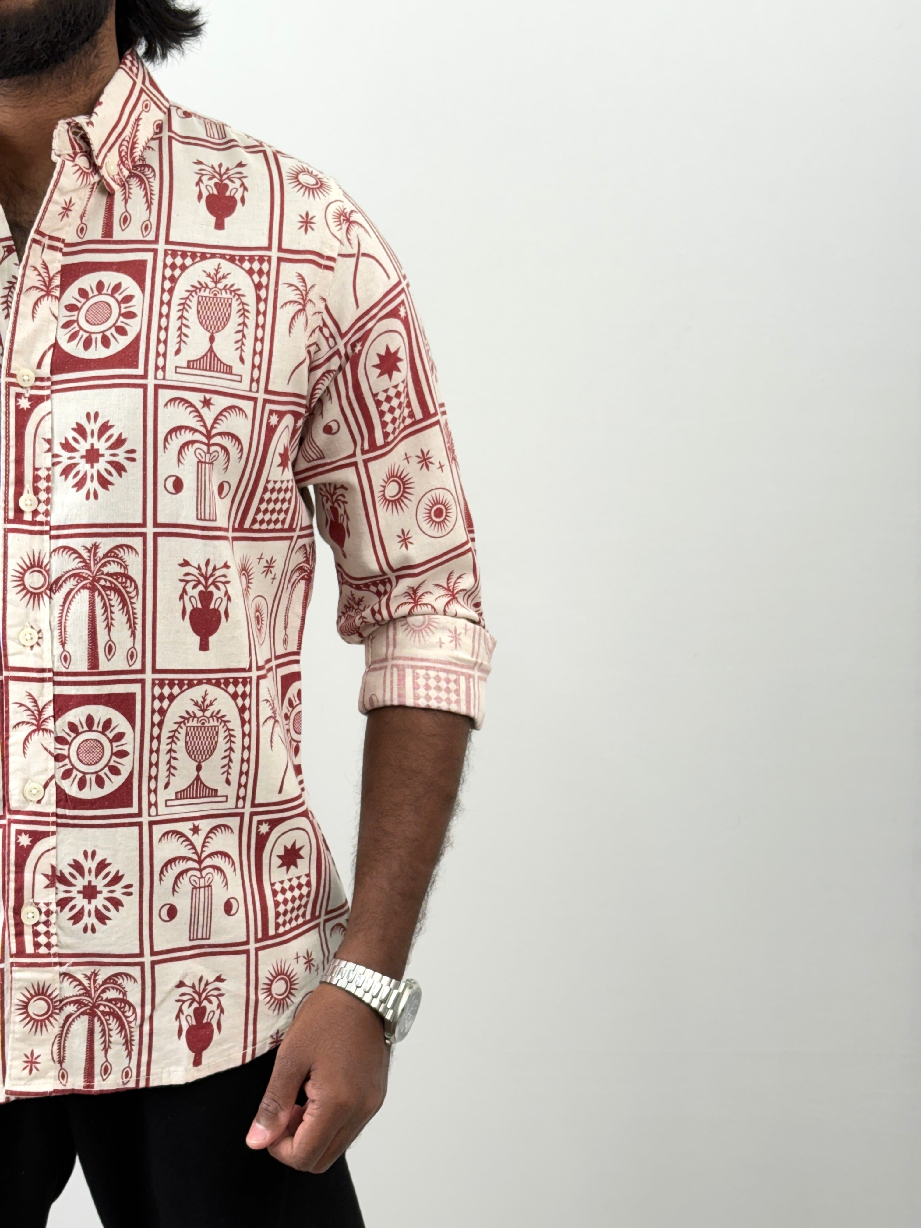 Red Linen Printed Shirt