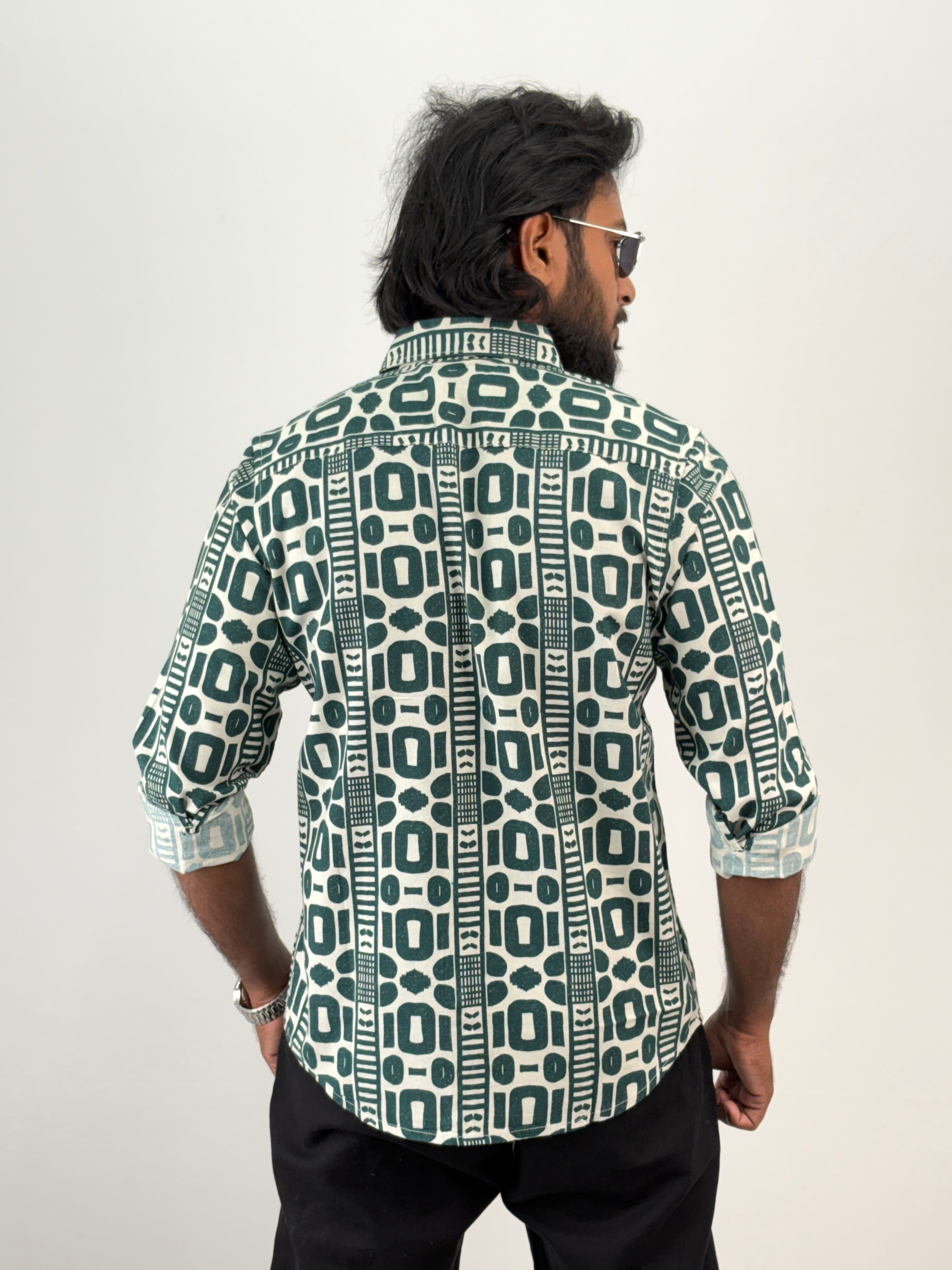 Dark Green Linen Printed Shirt