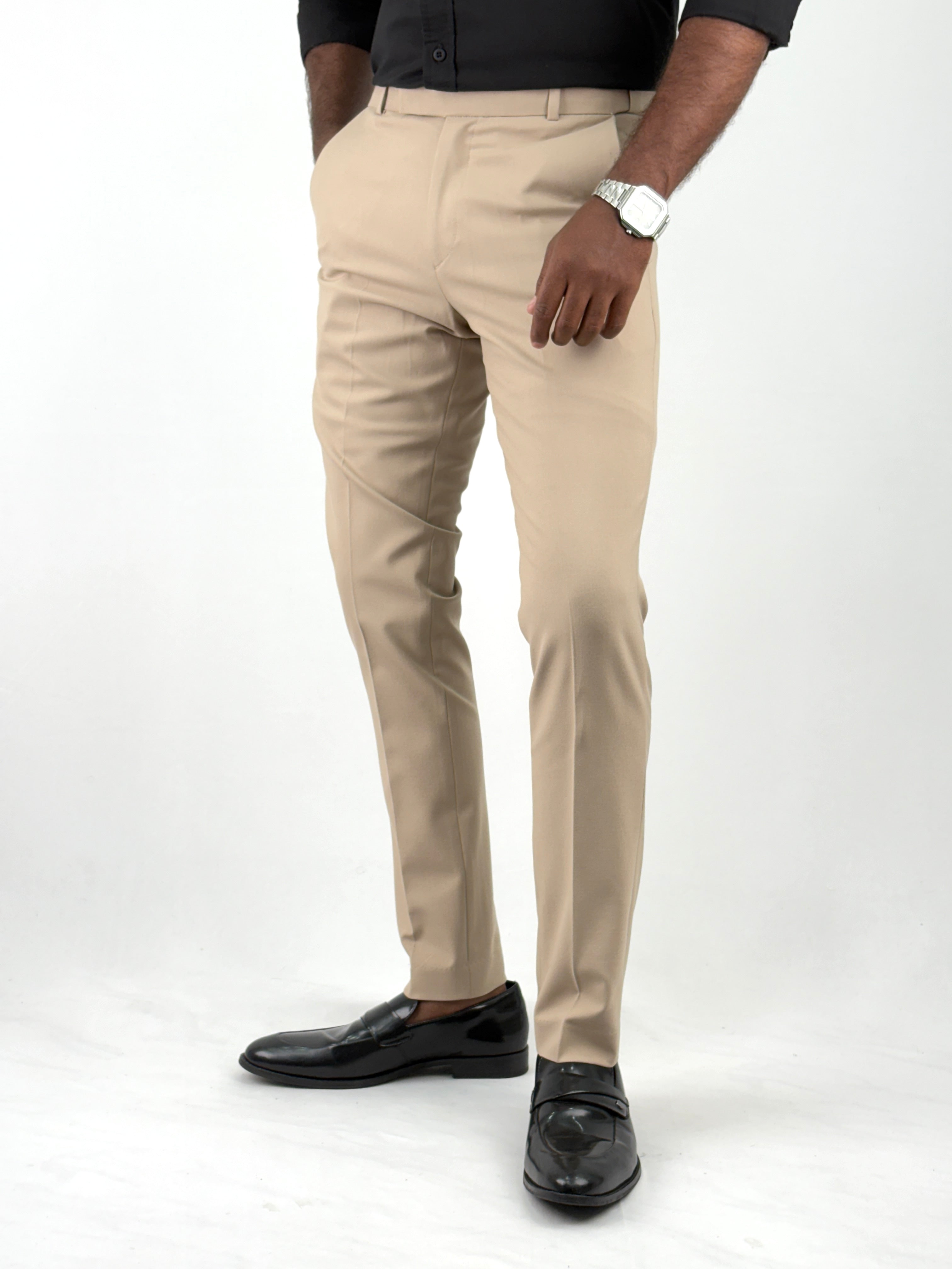 Beige Flexible Waist Formal Pants