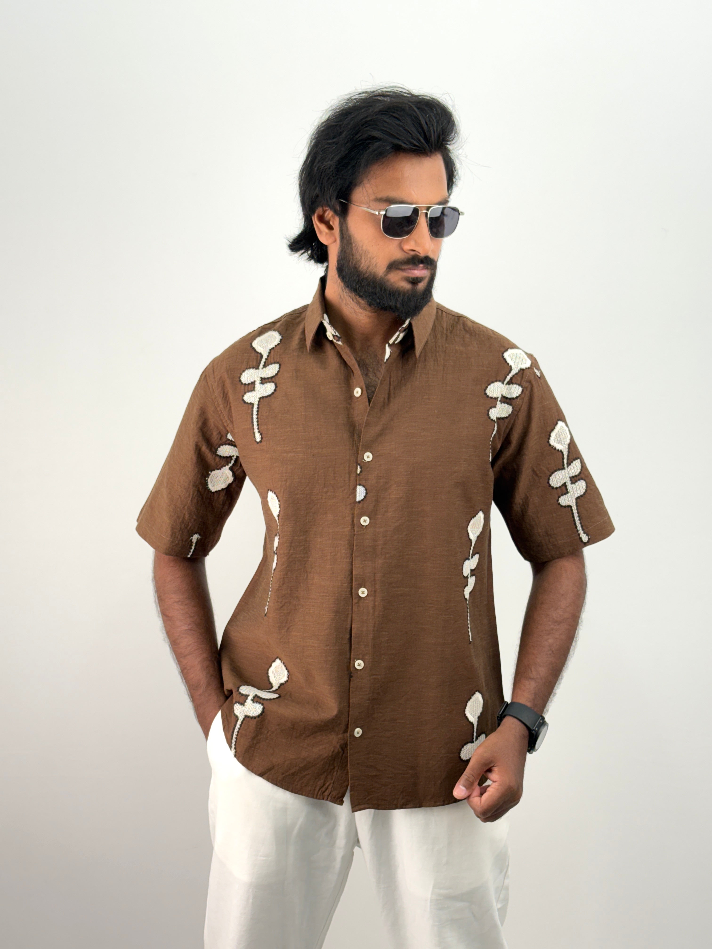 Brown Half Sleeve Embroidery Shirt