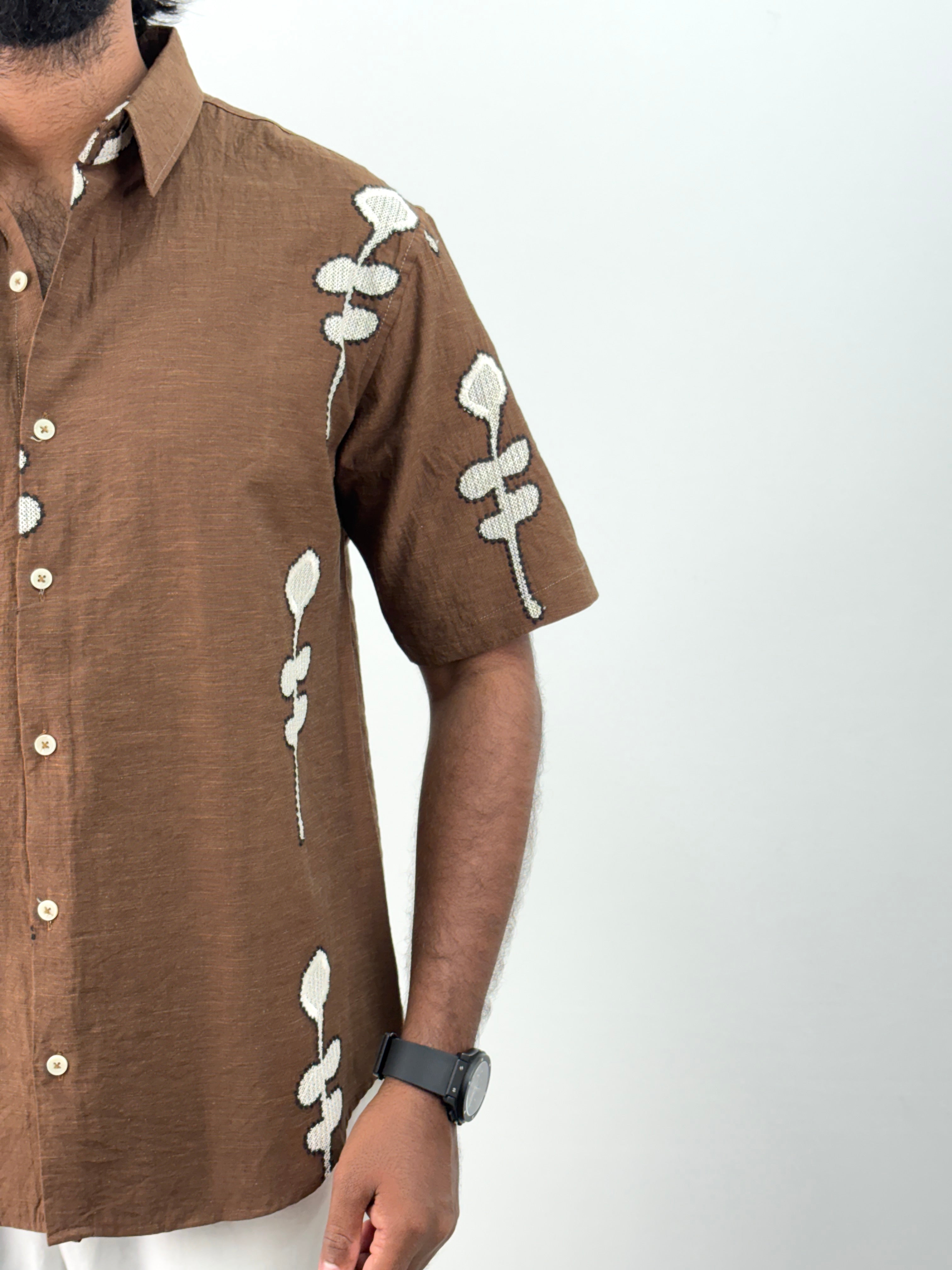 Brown Half Sleeve Embroidery Shirt